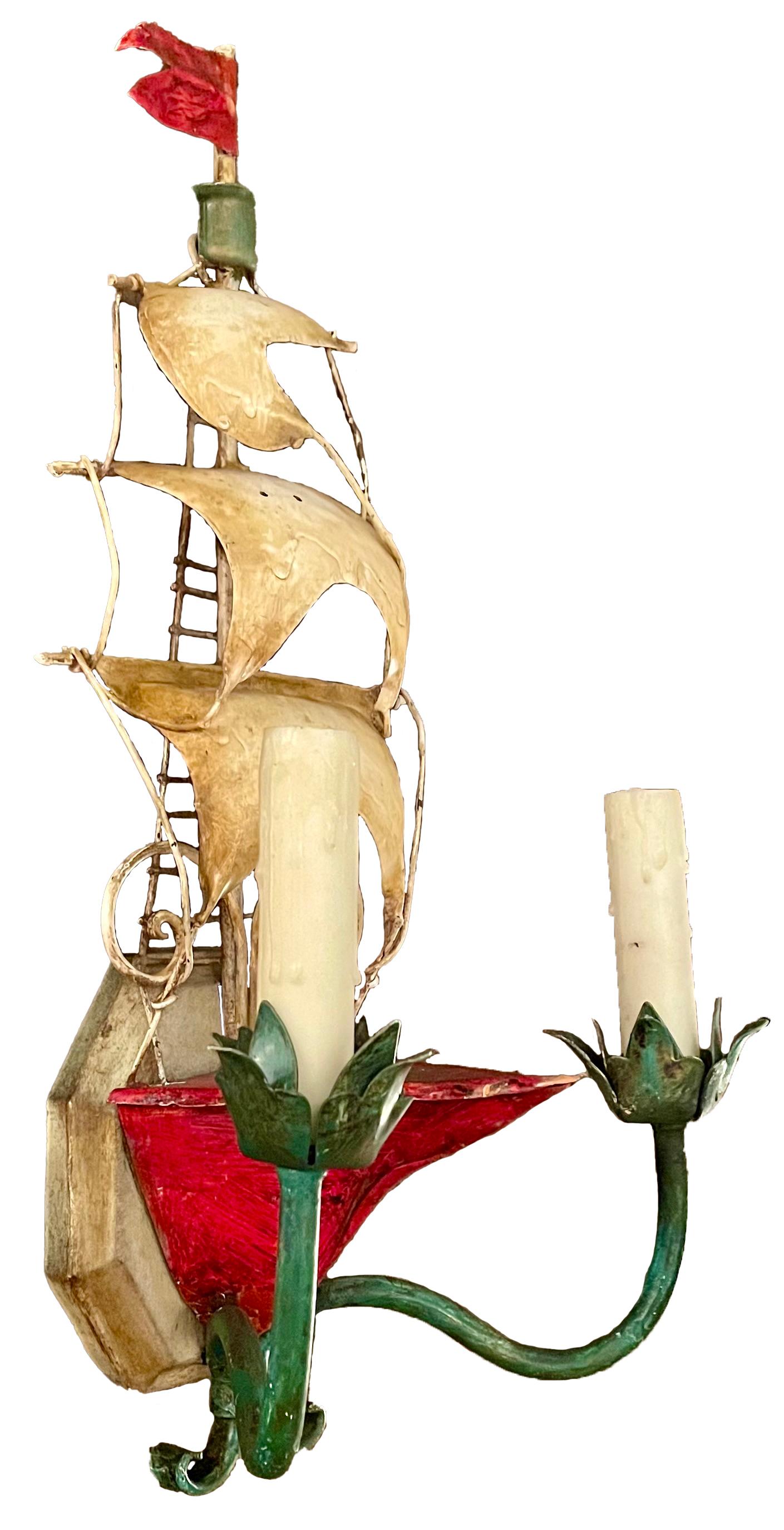 Pair Estate Hand-Painted Metal Ship Wall Sconces, Circa 1950's. For Sale 2