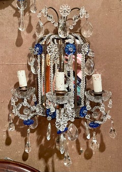 Pair Estate Italian Mirrored and Venetian Glass Beaded Wall Sconces, Circa 1940.