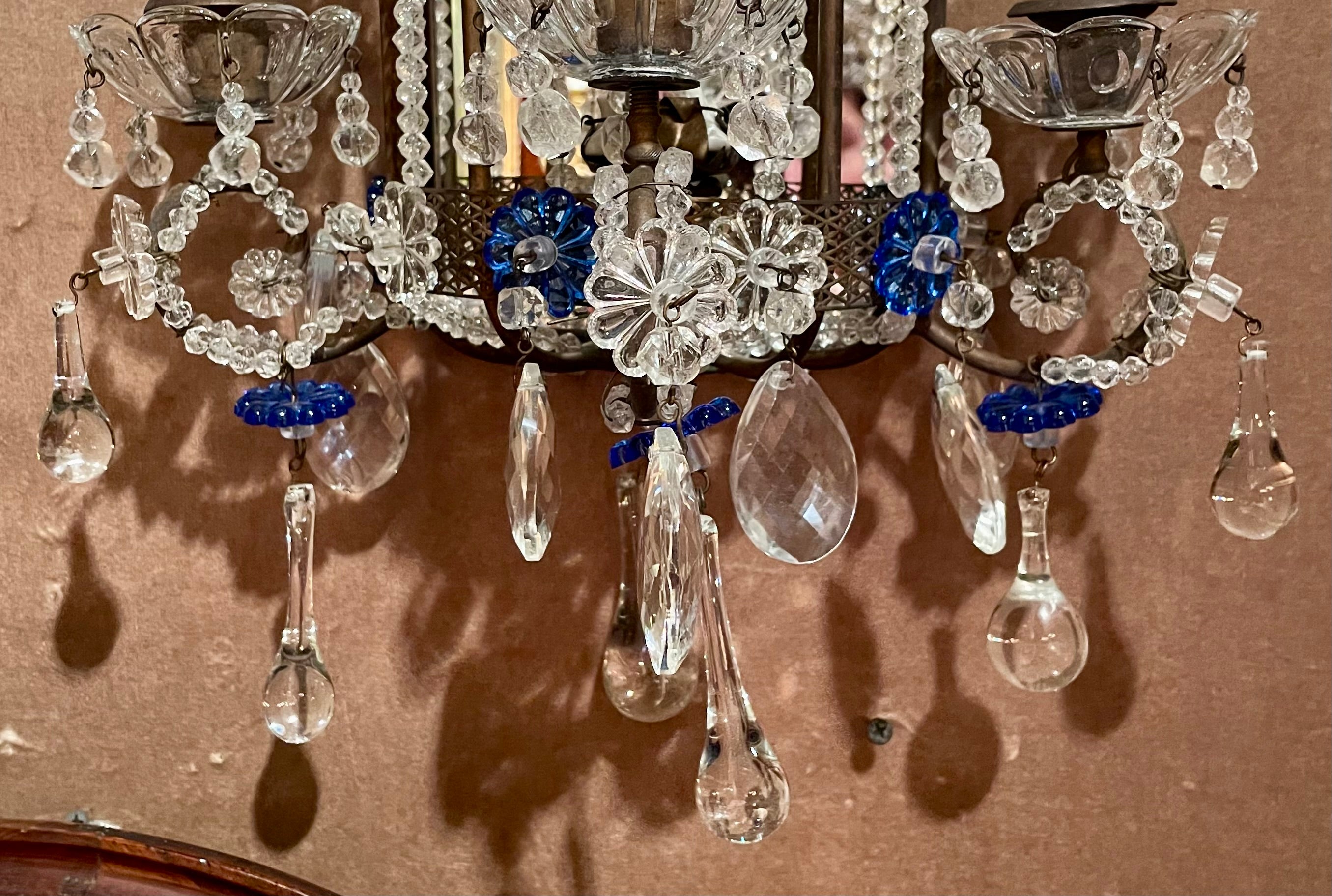 20th Century Pair Estate Italian Mirrored and Venetian Glass Beaded Wall Sconces, Circa 1940. For Sale