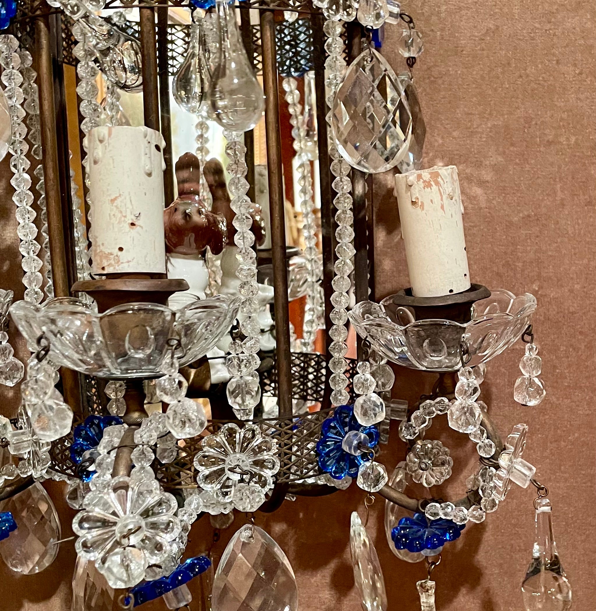 Beads Pair Estate Italian Mirrored and Venetian Glass Beaded Wall Sconces, Circa 1940. For Sale