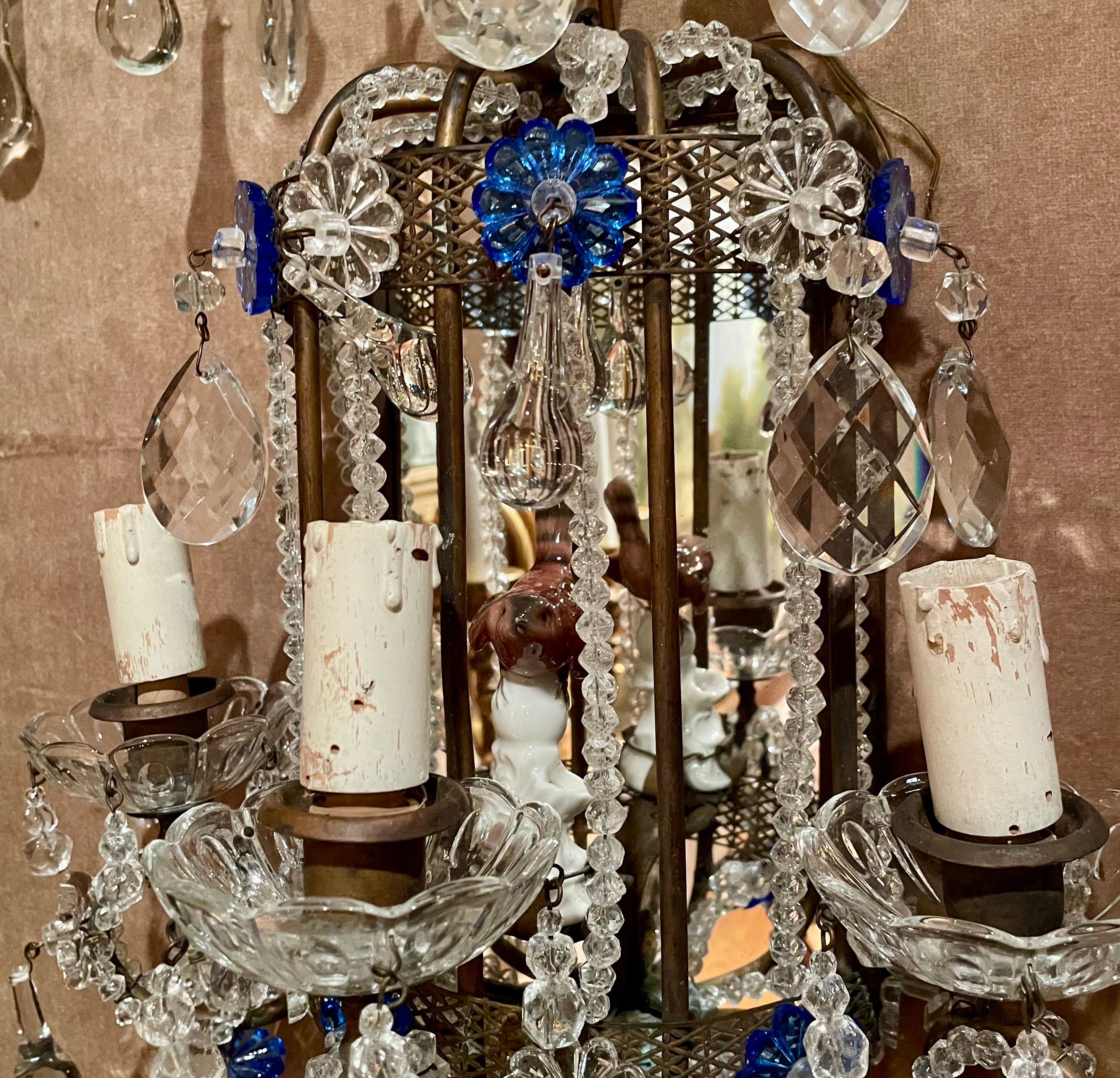 Pair Estate Italian Mirrored and Venetian Glass Beaded Wall Sconces, Circa 1940. For Sale 1