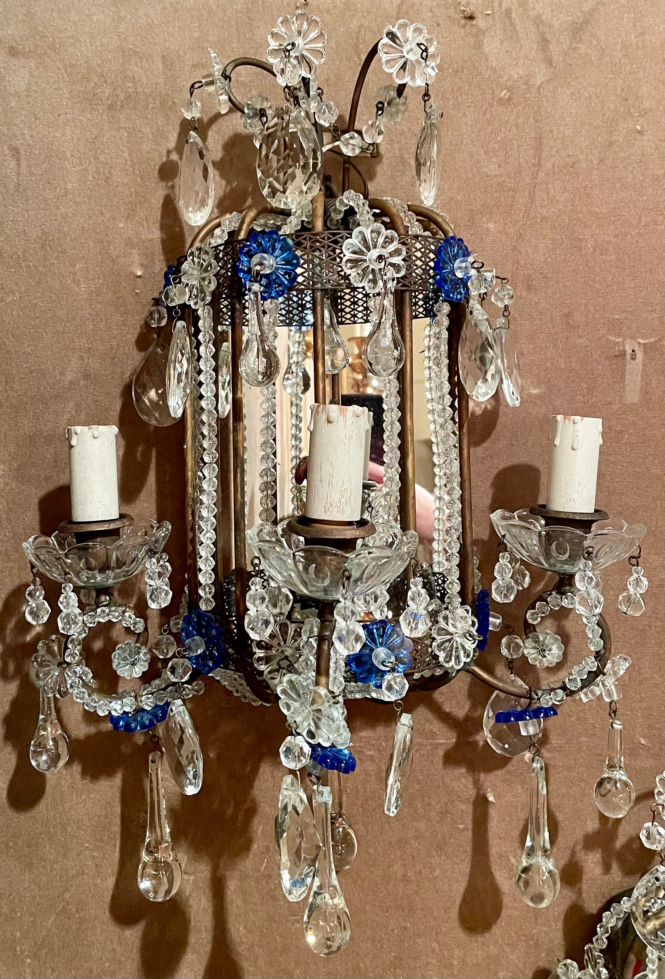 Pair Estate Italian Mirrored and Venetian Glass Beaded Wall Sconces, Circa 1940. For Sale 3