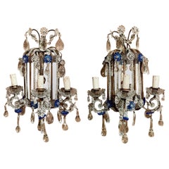 Pair Estate Italian Mirrored and Venetian Glass Beaded Wall Sconces, Circa 1940.