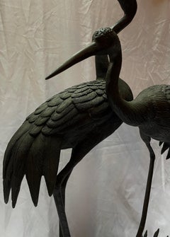 Pair Estate Japanese Patinated Bronze Sculptural Wading Cranes, Circa 1930's