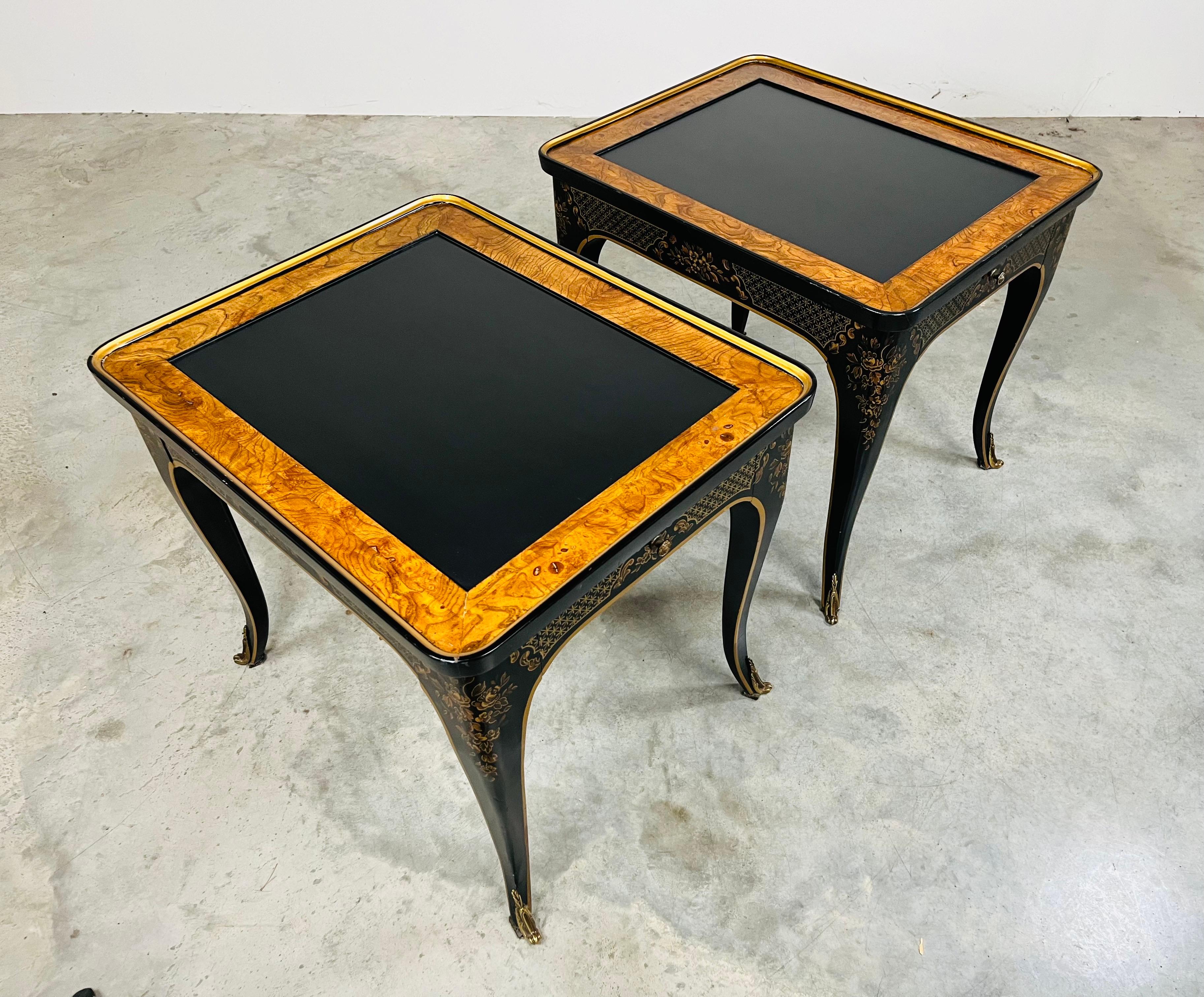 Lacquered Pair Et Cetera Chinoiserie Burl & Black Lacquer Side or End Tables By Drexel