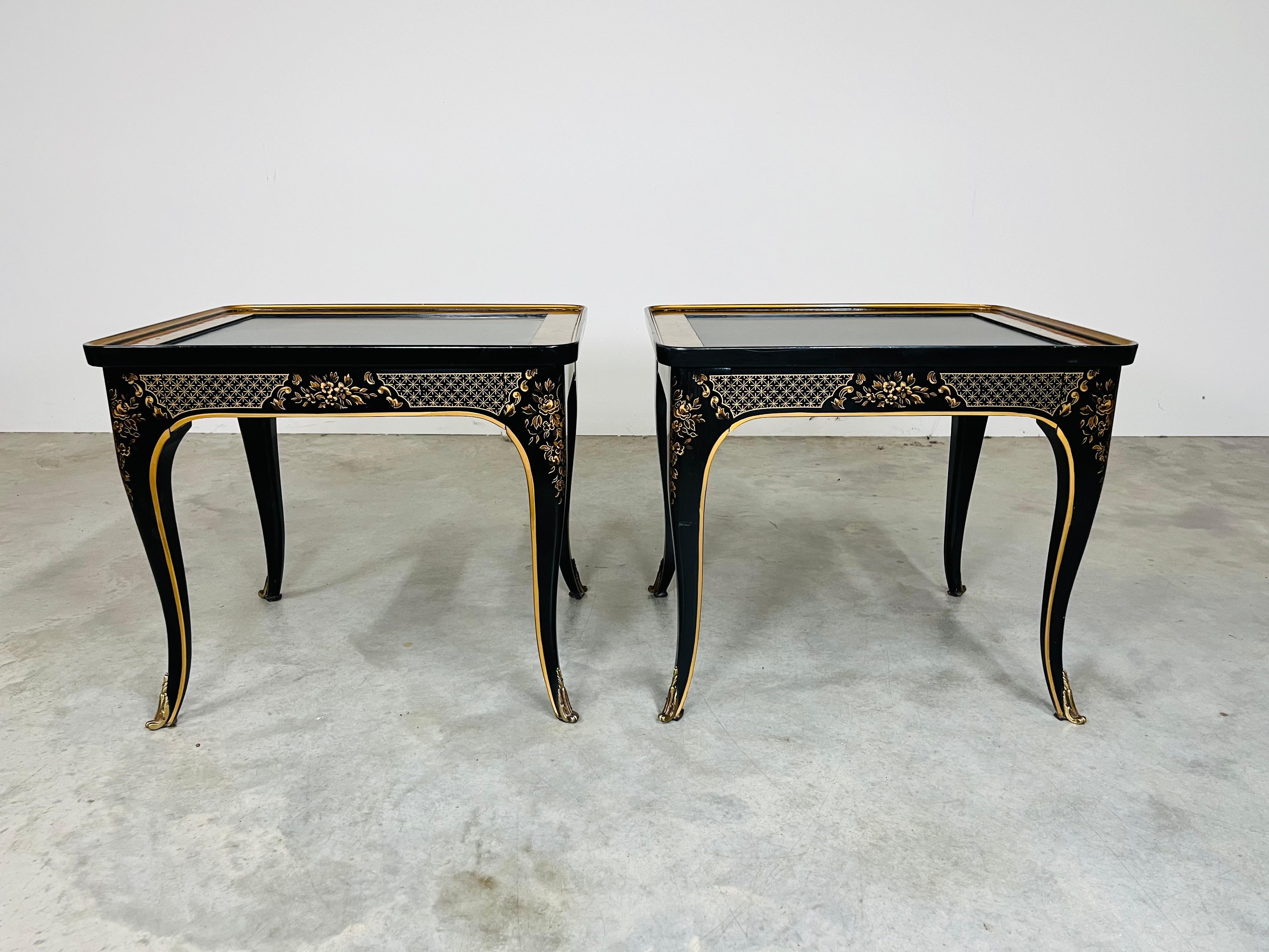Brass Pair Et Cetera Chinoiserie Burl & Black Lacquer Side or End Tables By Drexel