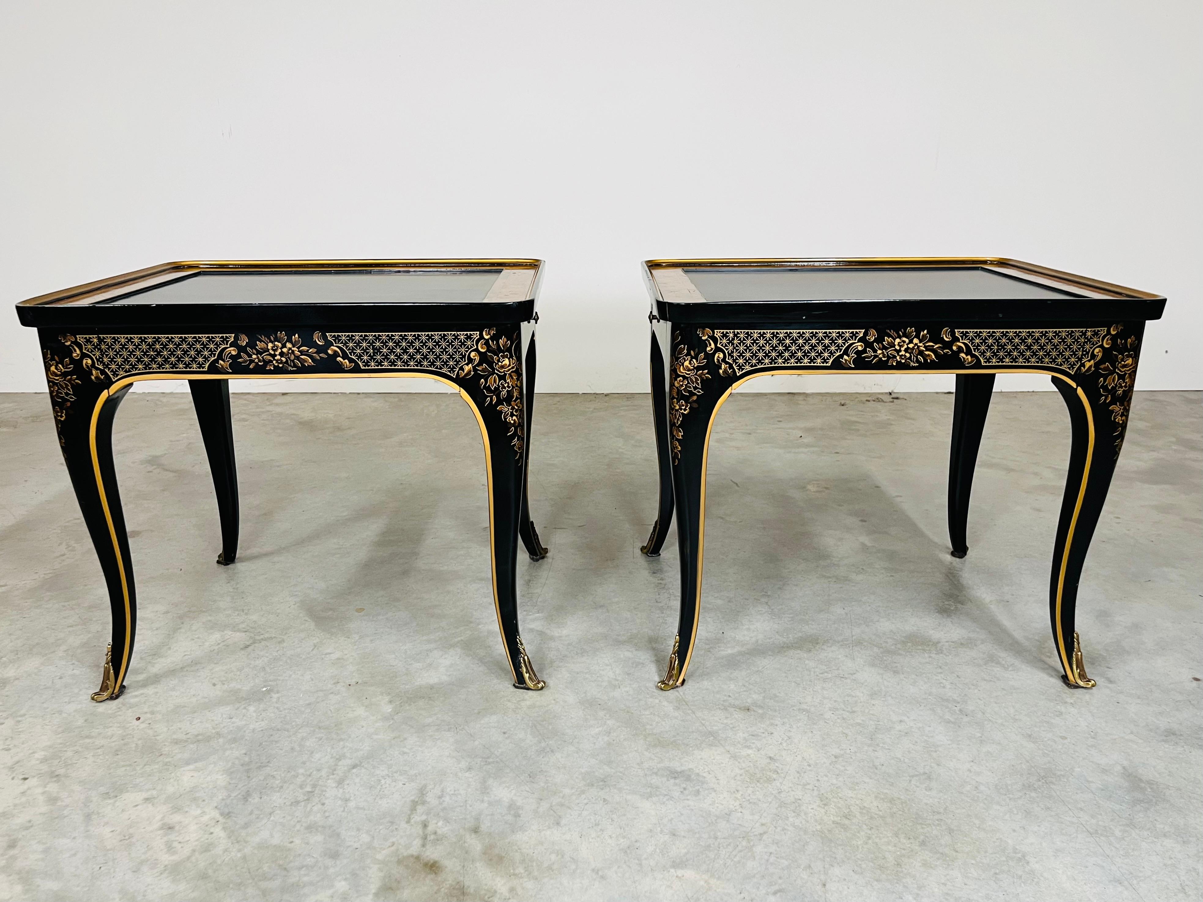 Pair Et Cetera Chinoiserie Burl & Black Lacquer Side or End Tables By Drexel 1