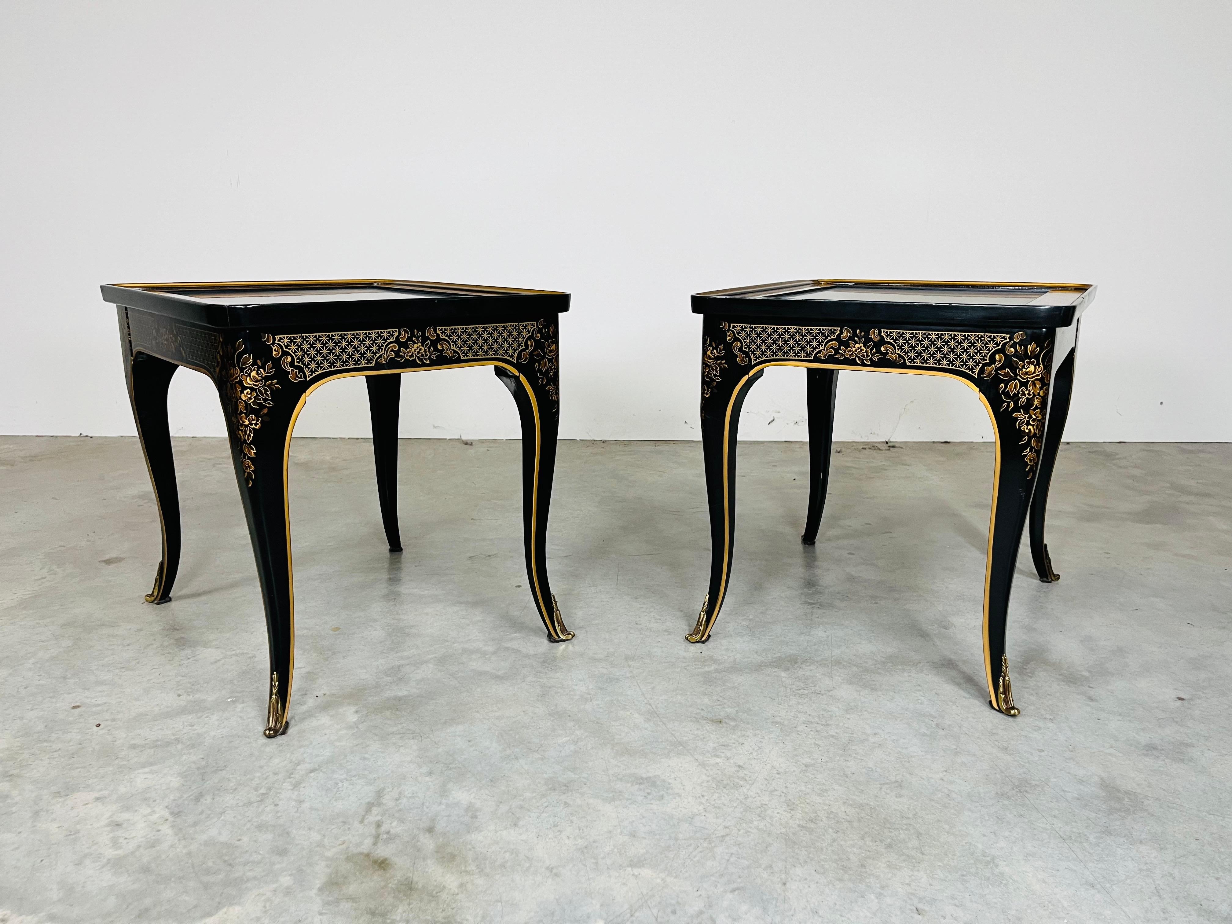 Pair Et Cetera Chinoiserie Burl & Black Lacquer Side or End Tables By Drexel 2