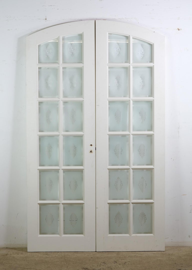 Pair Etched Floral Pattern Glass Arched French Doors For Sale at 1stDibs