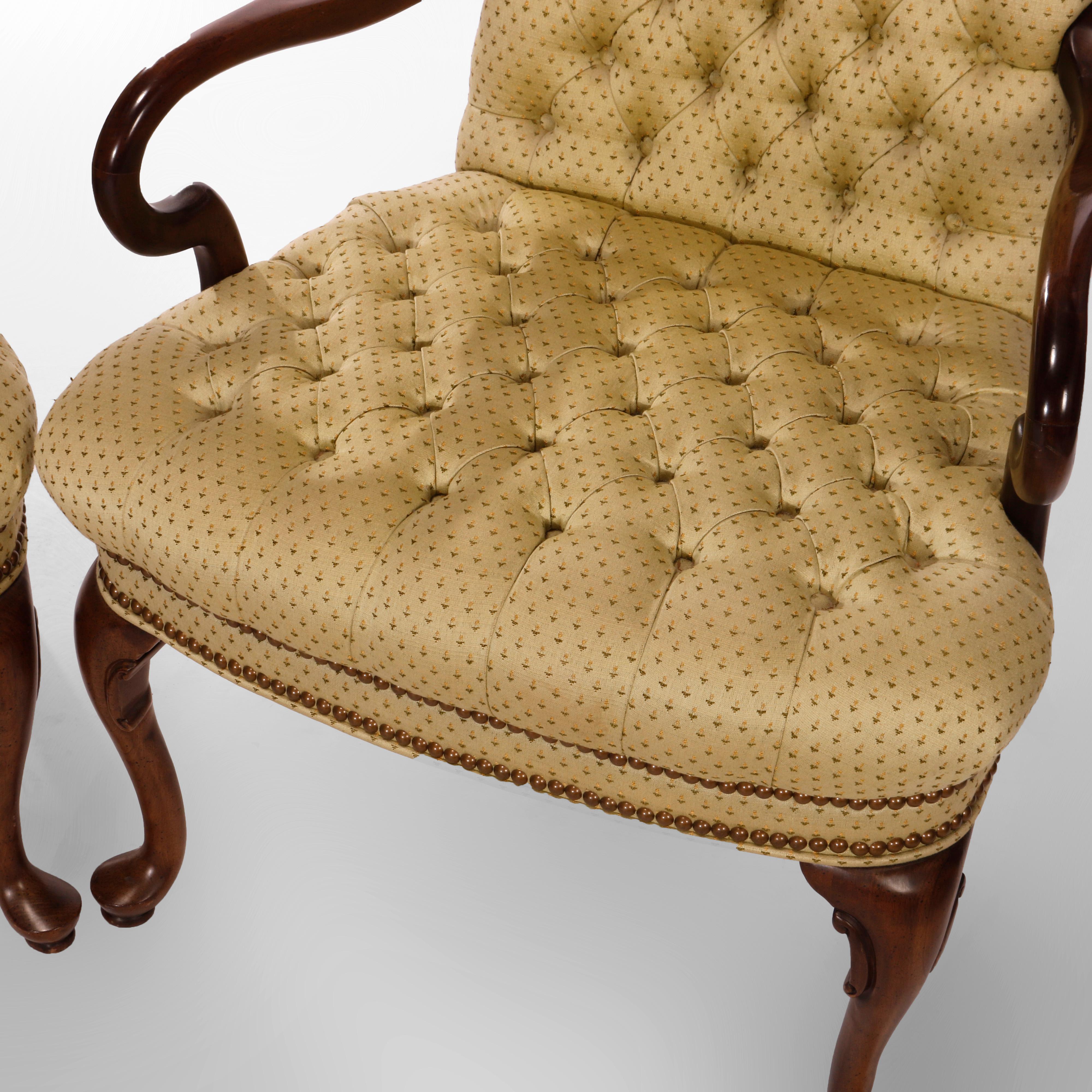Pair Ethan Allen Queen Anne Style Tufted Upholstery & Walnut Armchairs, 20th C 5