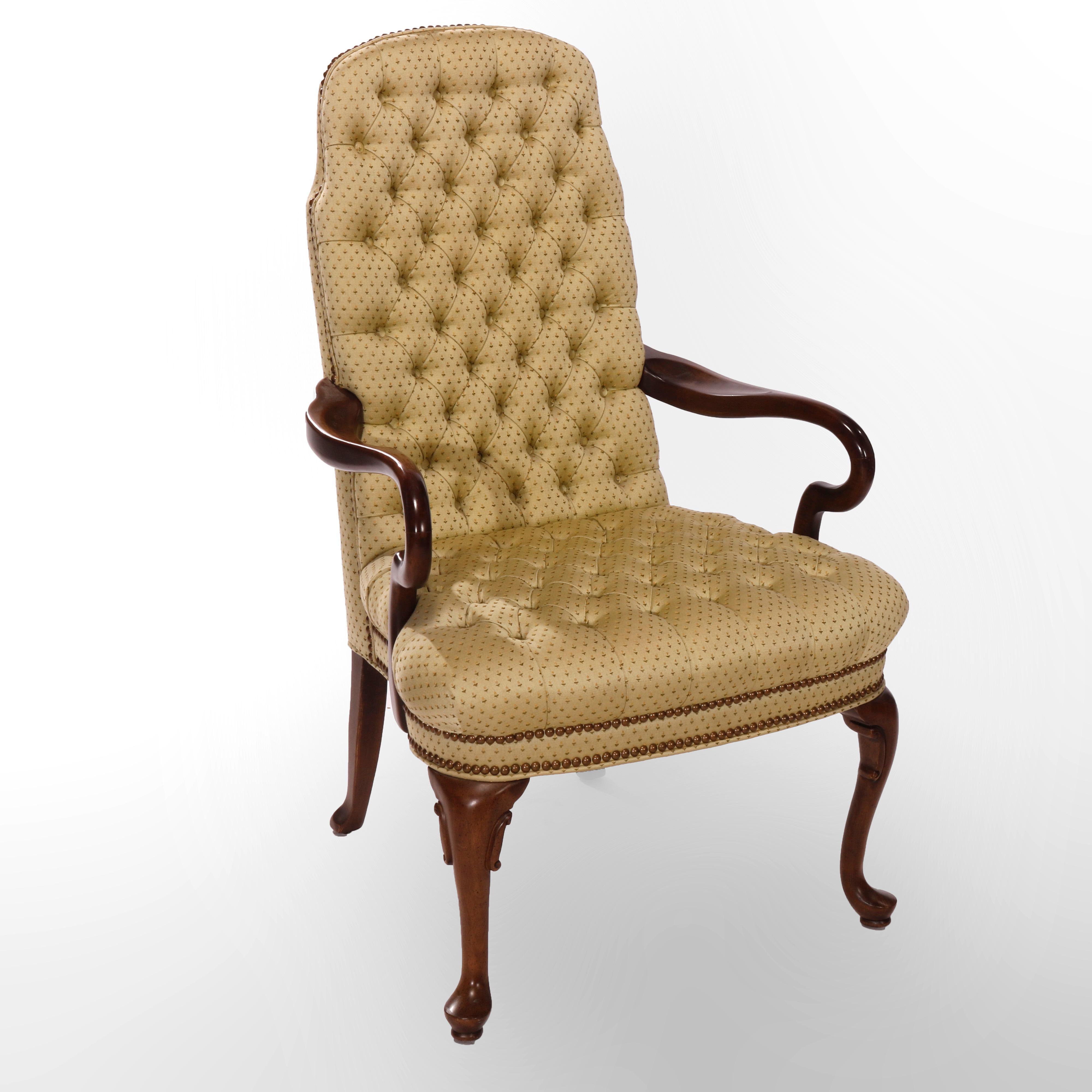 American Pair Ethan Allen Queen Anne Style Tufted Upholstery & Walnut Armchairs, 20th C