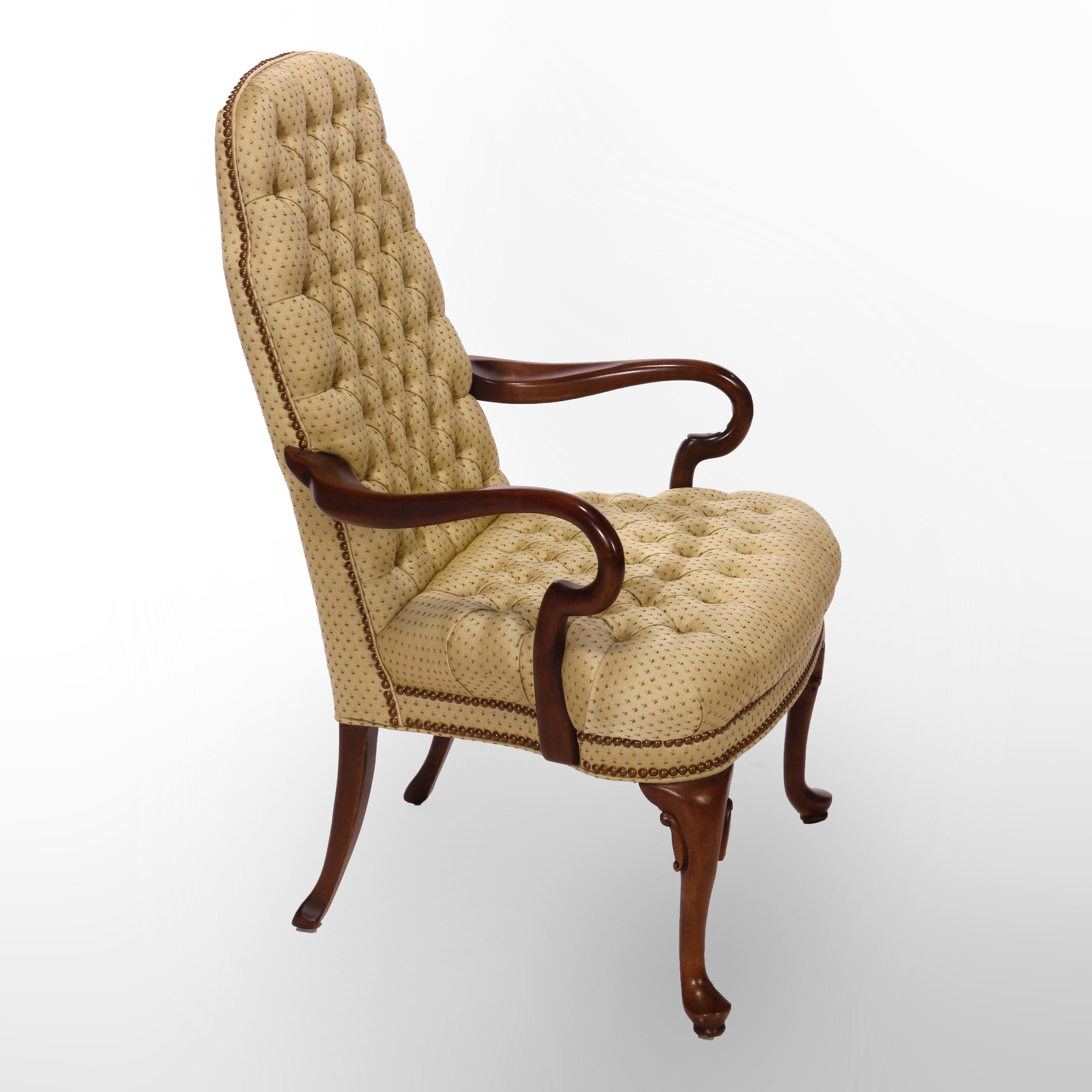 Pair Ethan Allen Queen Anne Style Tufted Upholstery & Walnut Armchairs, 20th C In Good Condition In Big Flats, NY