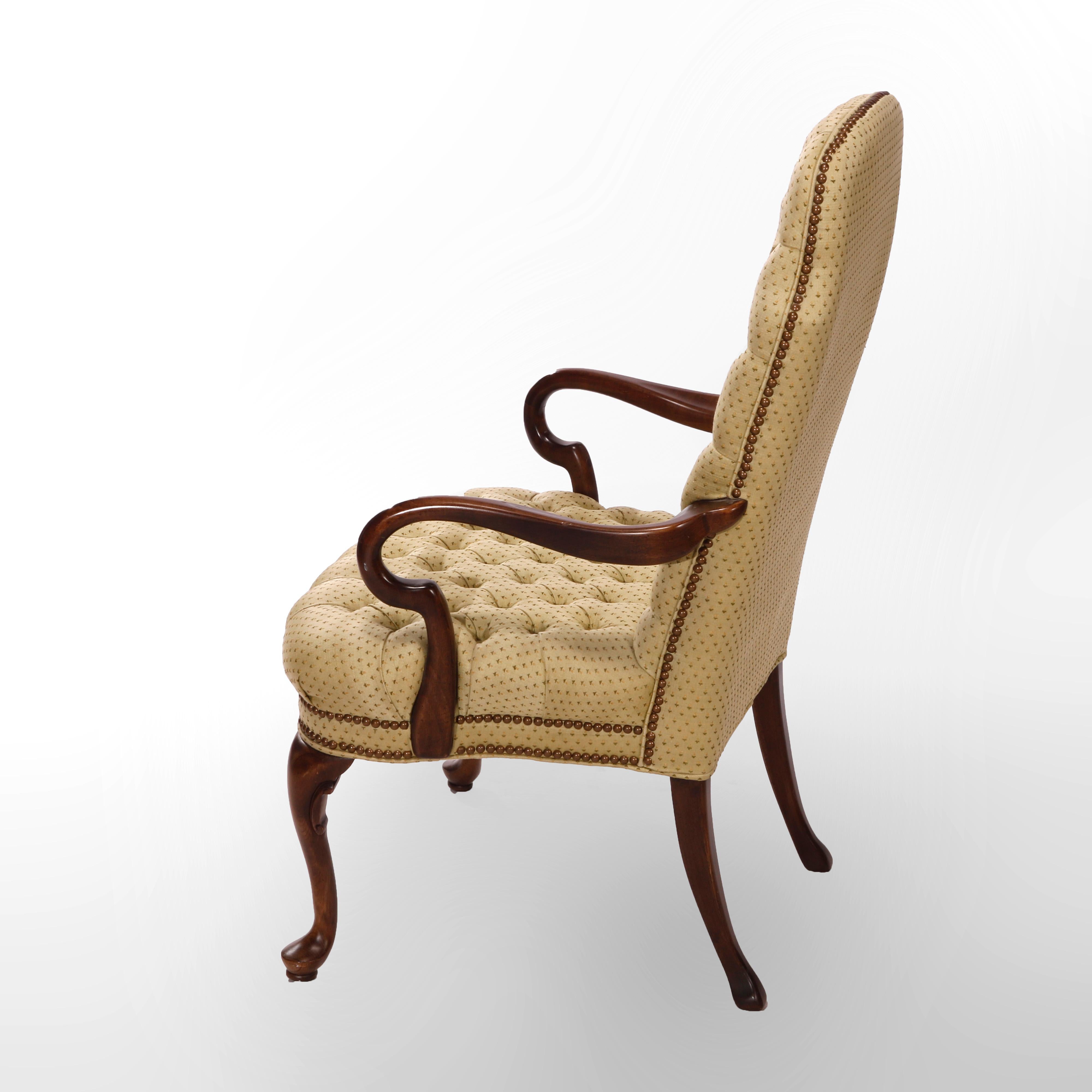 20th Century Pair Ethan Allen Queen Anne Style Tufted Upholstery & Walnut Armchairs, 20th C
