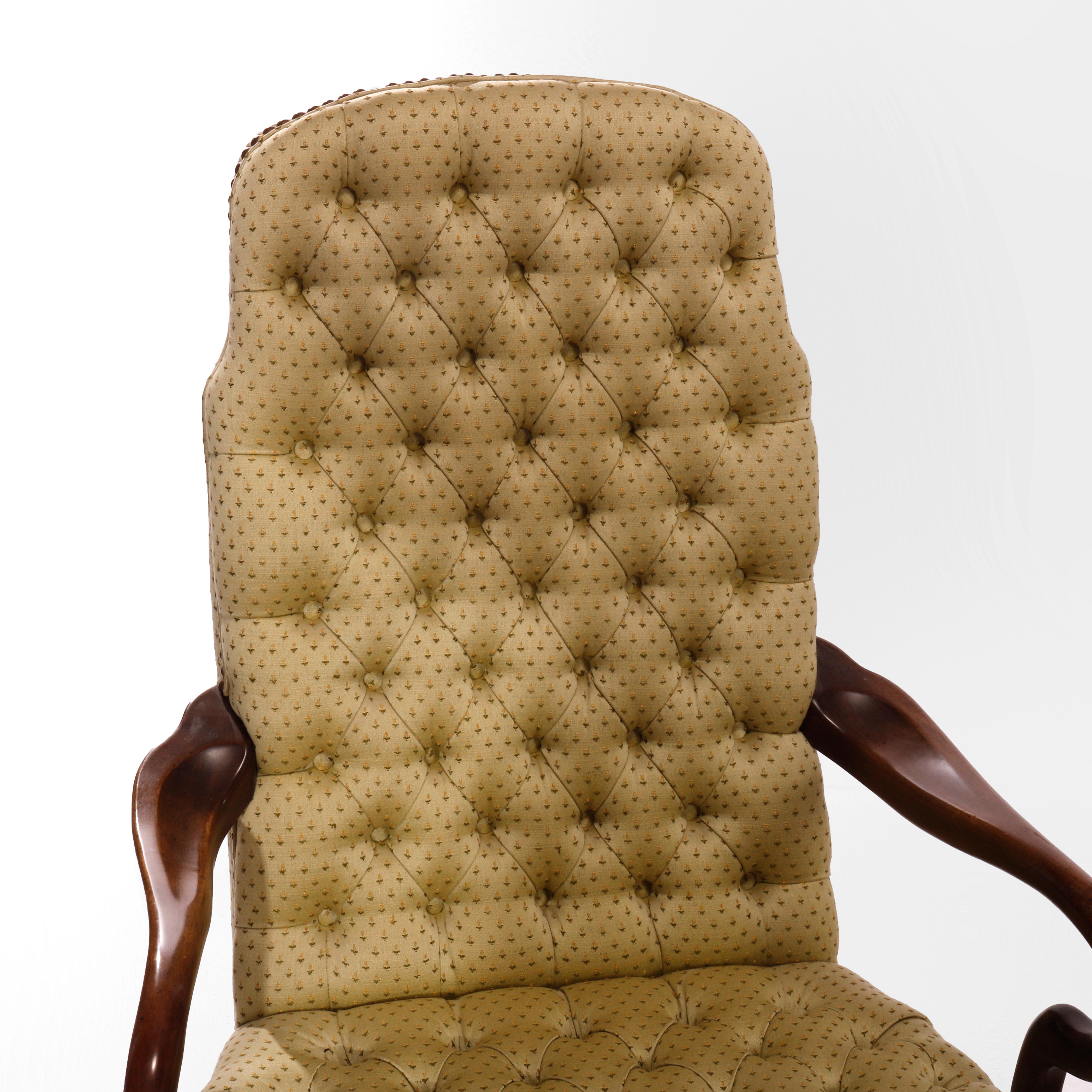 Pair Ethan Allen Queen Anne Style Tufted Upholstery & Walnut Armchairs, 20th C 3