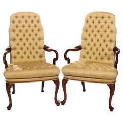 Used Pair Ethan Allen Queen Anne Style Tufted Upholstery & Walnut Armchairs, 20th C