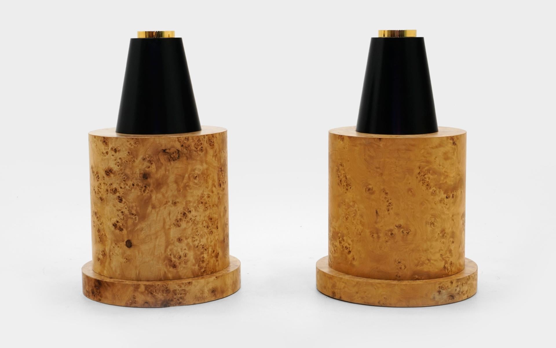 Two large vases made of burl wood, black and brass designed by Ettore Sottsass for his 