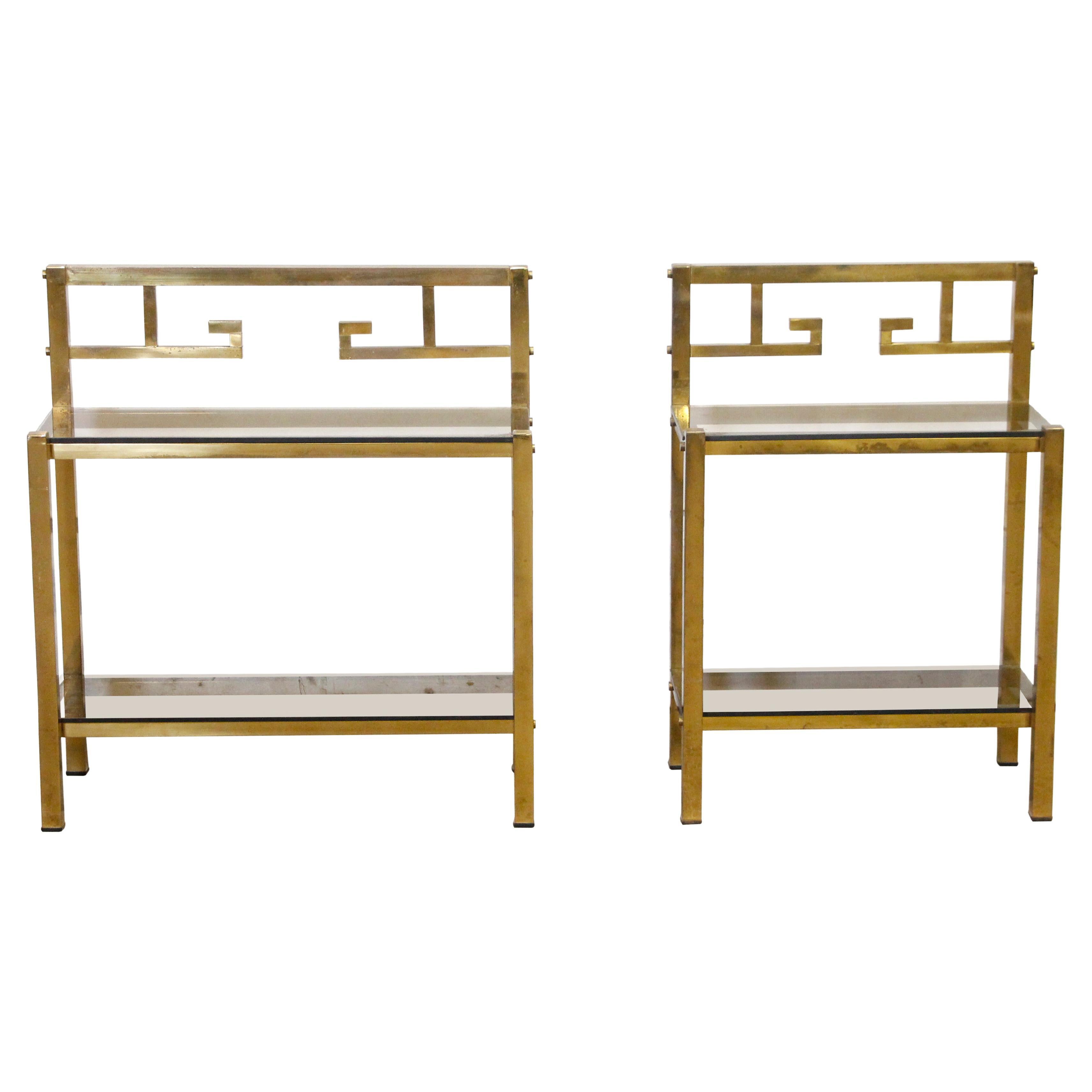 Pair European Brass Sofa Side End Tables Smoked Glass For Sale at 1stDibs