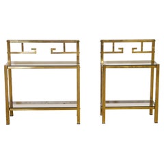 Used Pair European Brass Sofa Side End Tables Smoked Glass