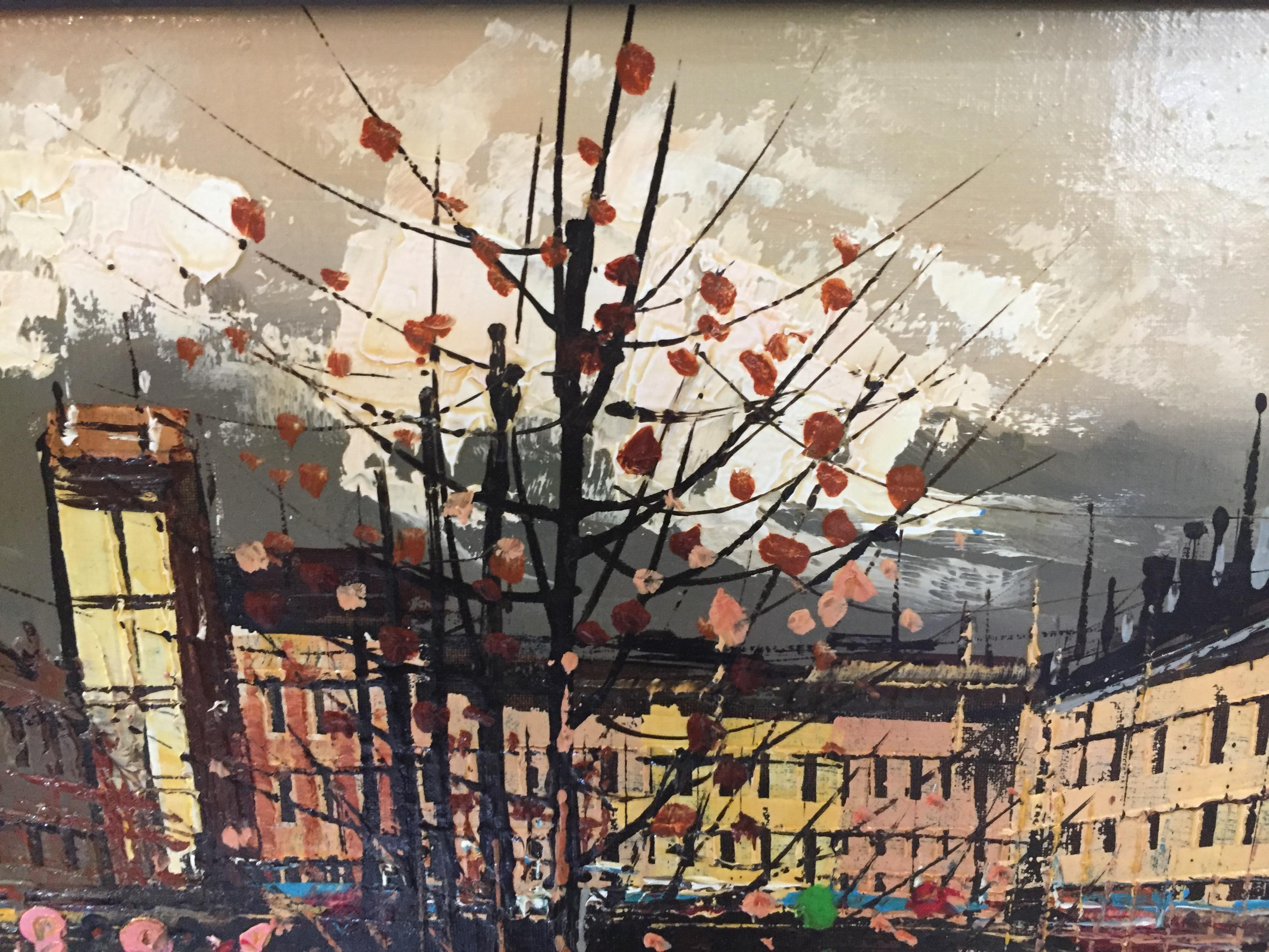 Brushed Pair of European Street Scenes Paintings 1950s by Listed Artist Ninetti