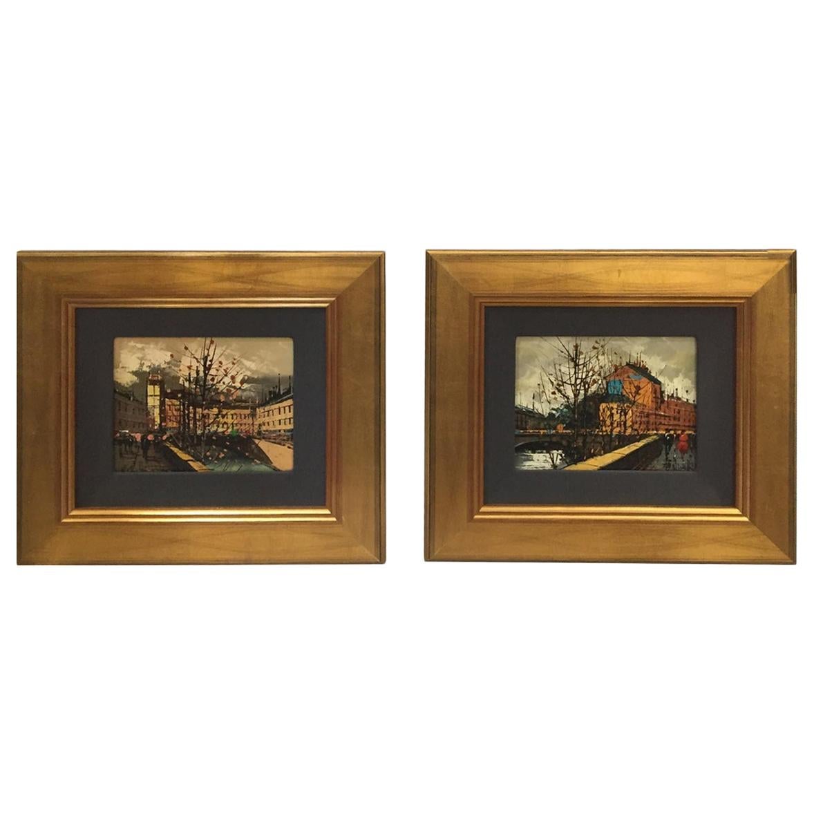 Pair of European Street Scenes Paintings 1950s by Listed Artist Ninetti
