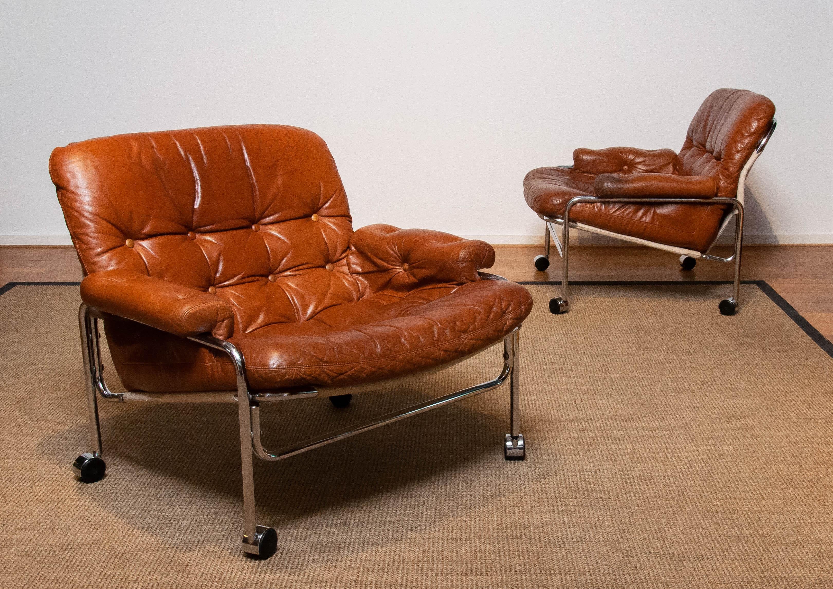 Pair 'Eva' Lounge Chairs Chrome and Aged Brown / Tan Leather by Lindlöfs Möbler 3