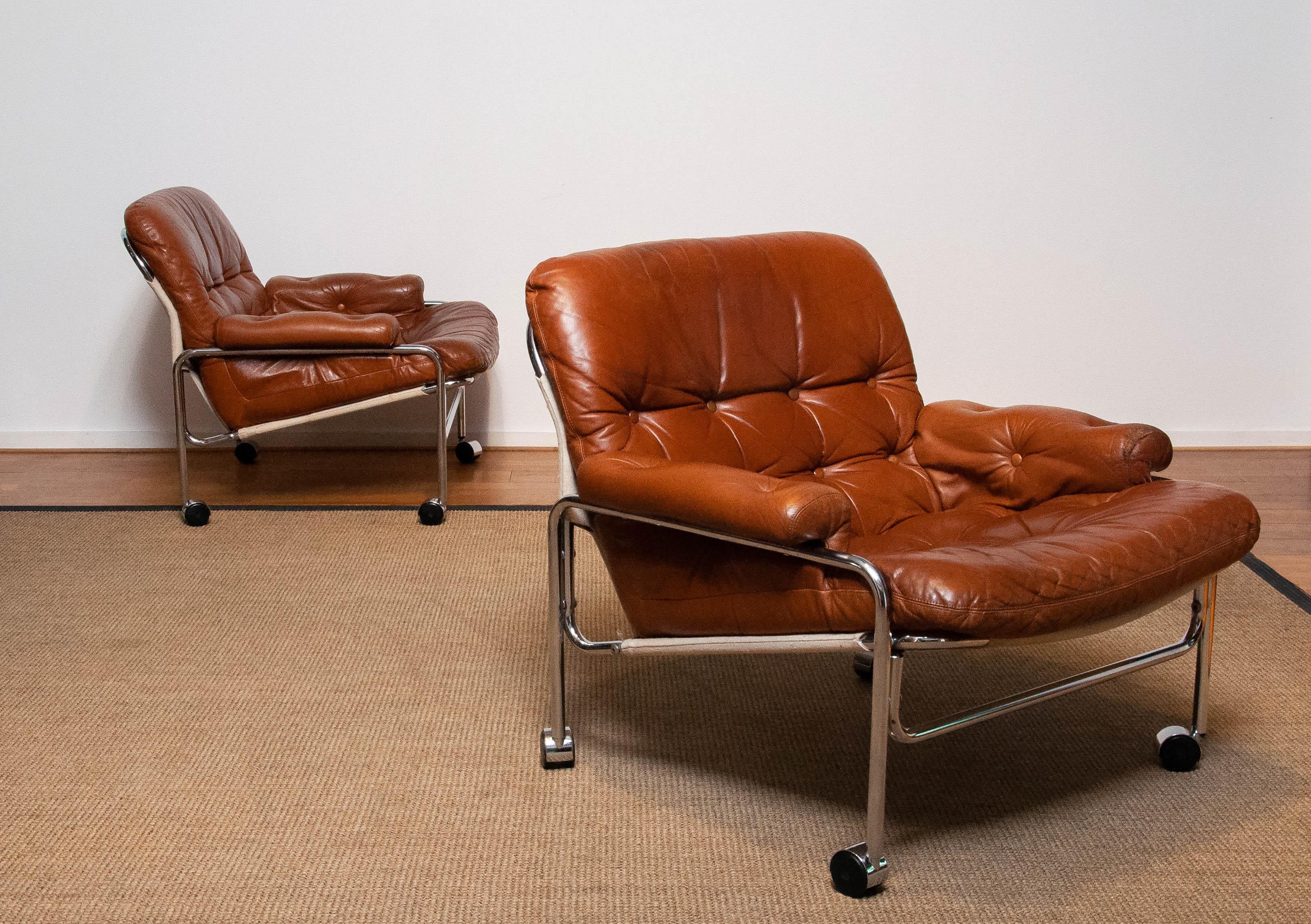 Pair 'Eva' Lounge Chairs Chrome and Aged Brown / Tan Leather by Lindlöfs Möbler 5