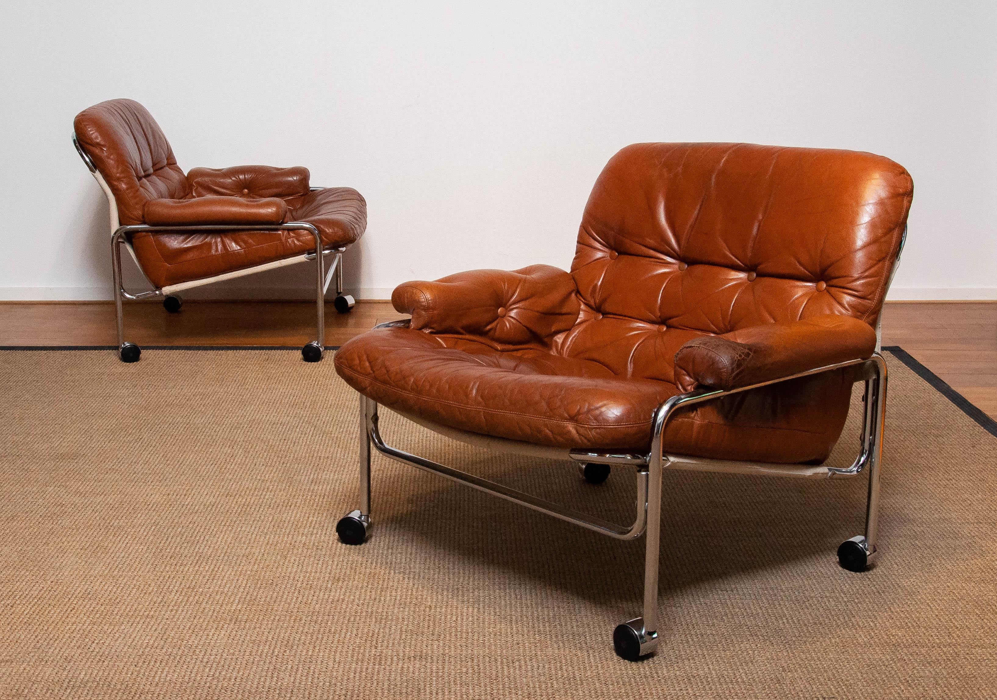 Pair 'Eva' Lounge Chairs Chrome and Aged Brown / Tan Leather by Lindlöfs Möbler 6