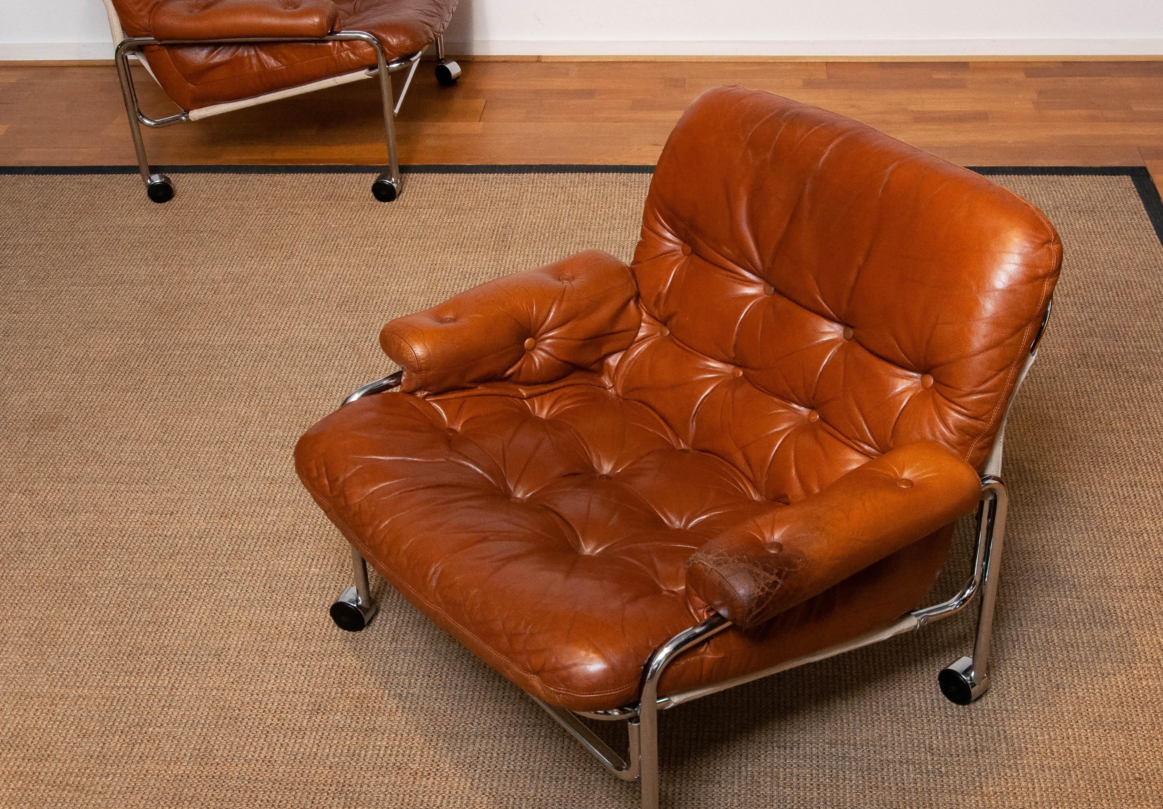 Pair 'Eva' Lounge Chairs Chrome and Aged Brown / Tan Leather by Lindlöfs Möbler 7