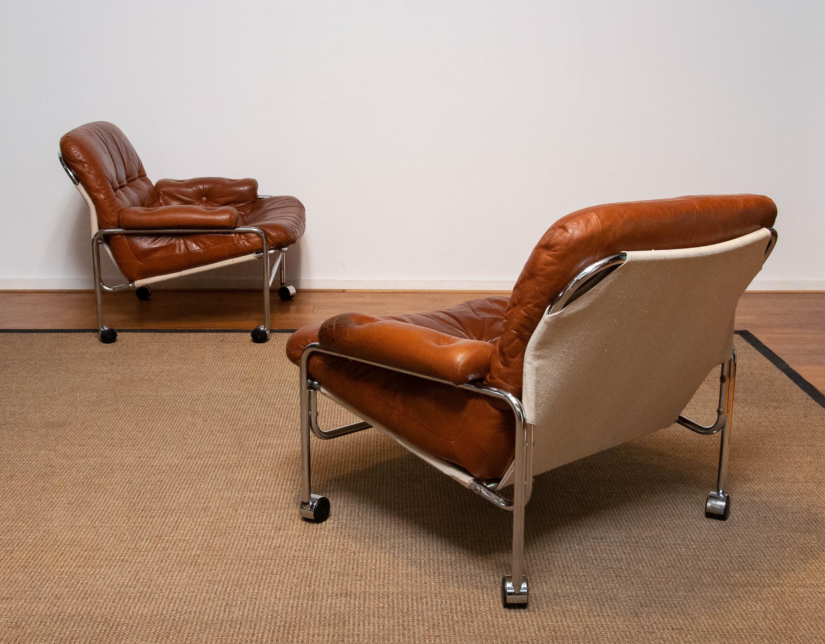 Pair 'Eva' Lounge Chairs Chrome and Aged Brown / Tan Leather by Lindlöfs Möbler 8