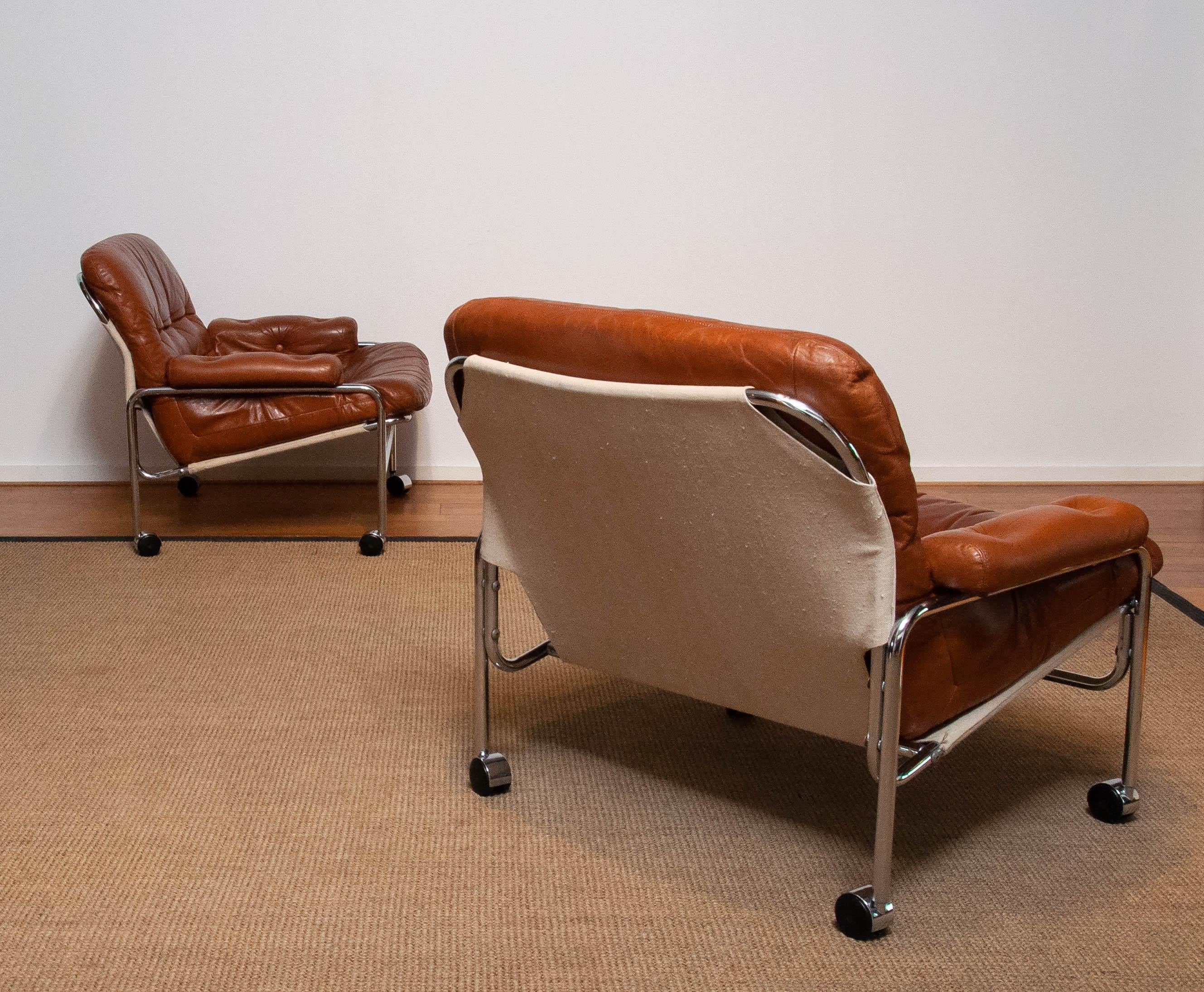 Pair 'Eva' Lounge Chairs Chrome and Aged Brown / Tan Leather by Lindlöfs Möbler 9