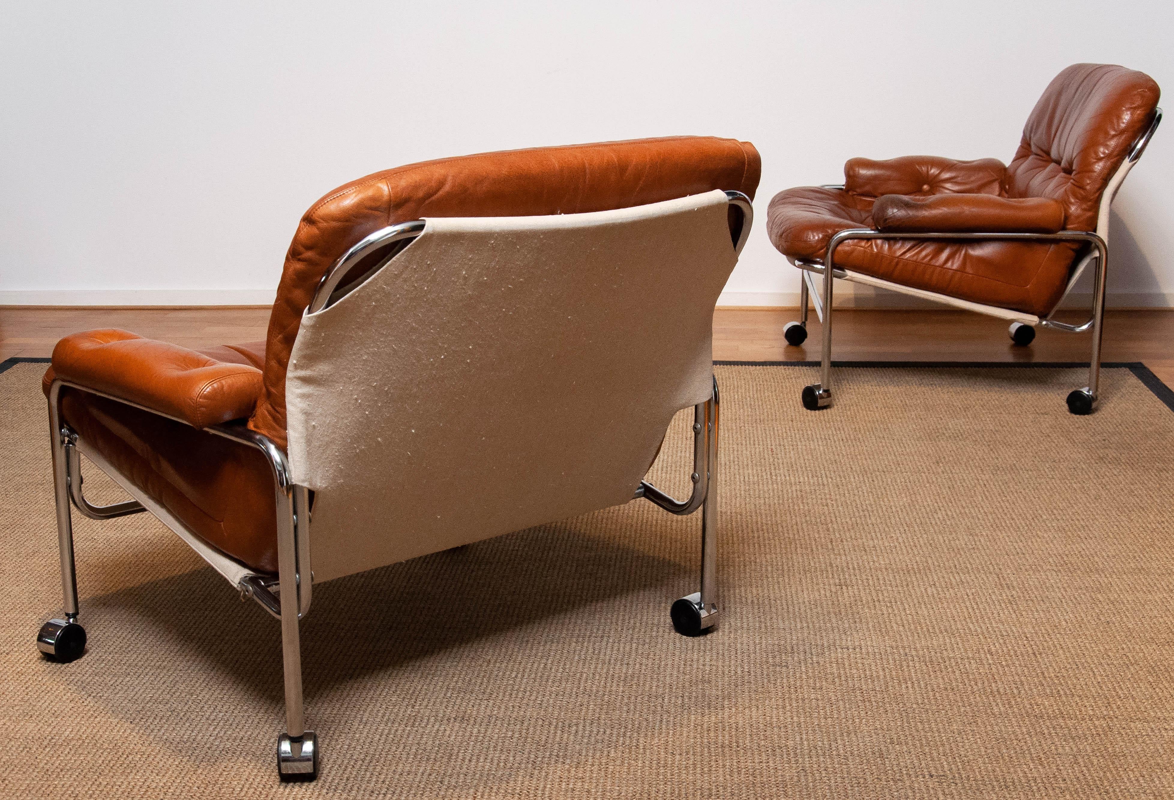Pair 'Eva' Lounge Chairs Chrome and Aged Brown / Tan Leather by Lindlöfs Möbler 1