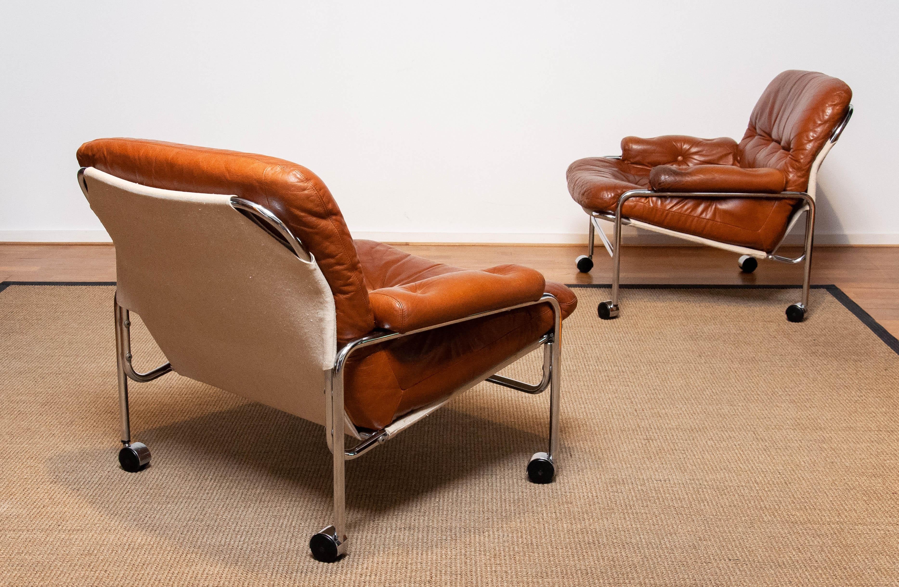 Pair 'Eva' Lounge Chairs Chrome and Aged Brown / Tan Leather by Lindlöfs Möbler 2