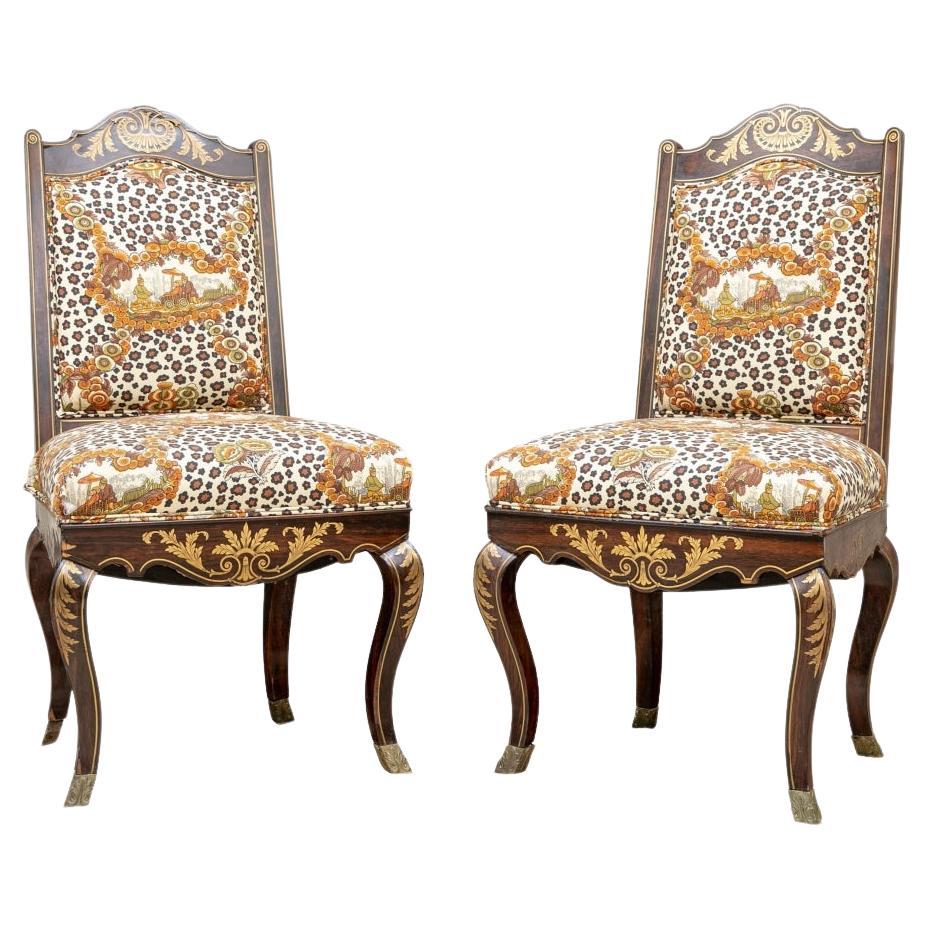 Pair Exceptional Antique Boulle Inlaid Side Chairs For Sale