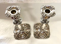 PAIR Exceptional Antique English Sheffield Plate Rococo Square Base Candlesticks