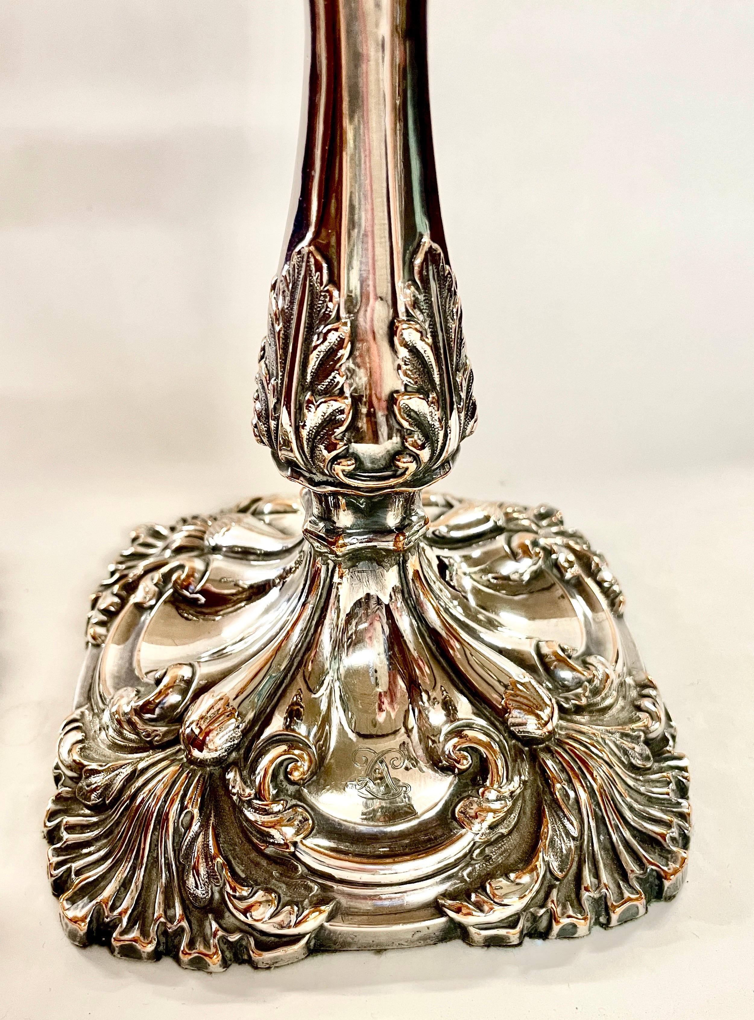 PAIR Exceptional Antique English Sheffield Plate Rococo Square Base Candlesticks In Good Condition In CHARLESTON, SC