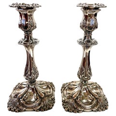 PAIR Exceptional Antique English Sheffield Plate Rococo Square Base Candlesticks
