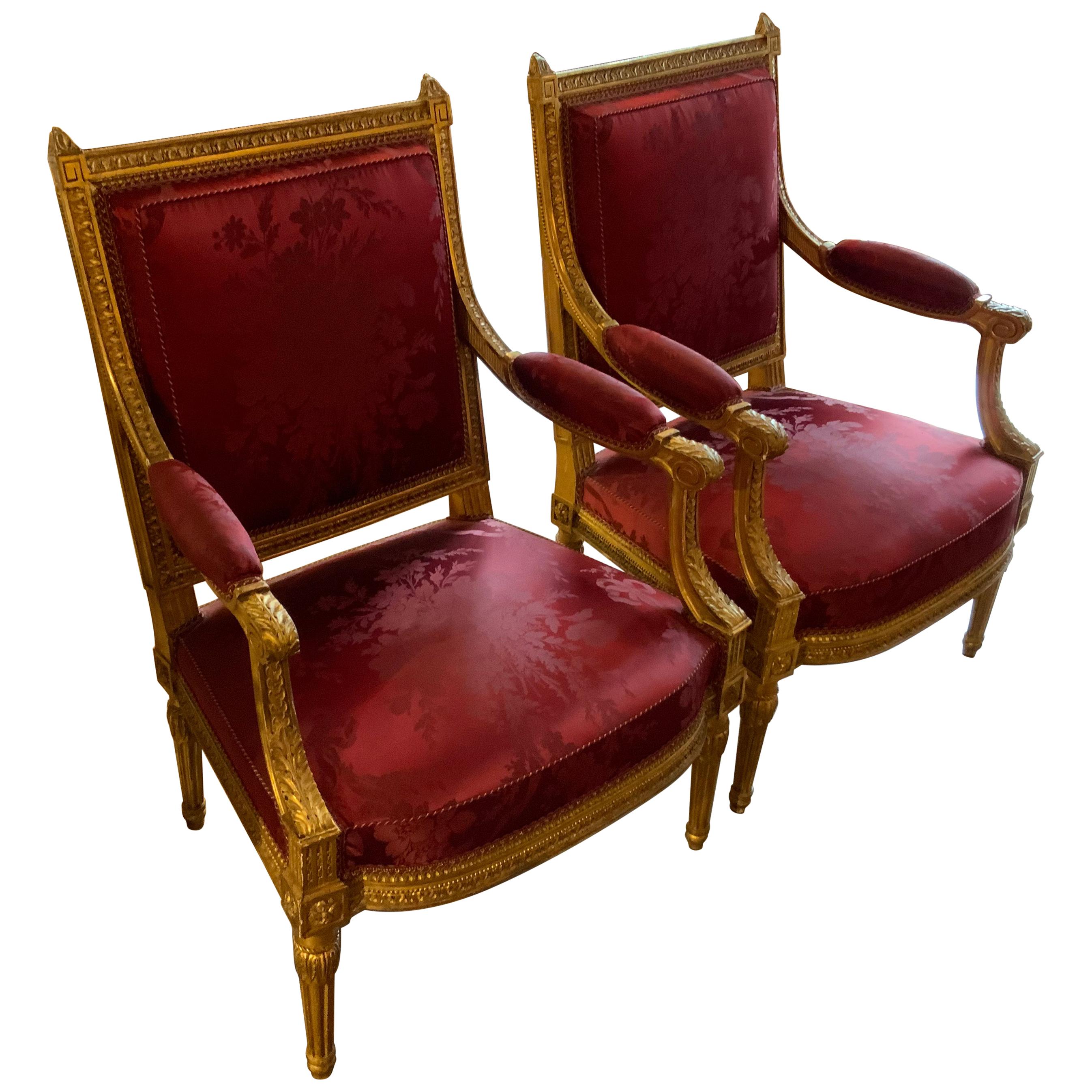 Pair of Exceptional Gilt Carved Wood French Armchairs/Fauteuils Louis XVI