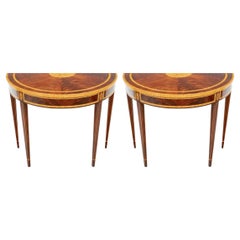 Pair Exceptional Inlaid Demilune Console Tables by Councill