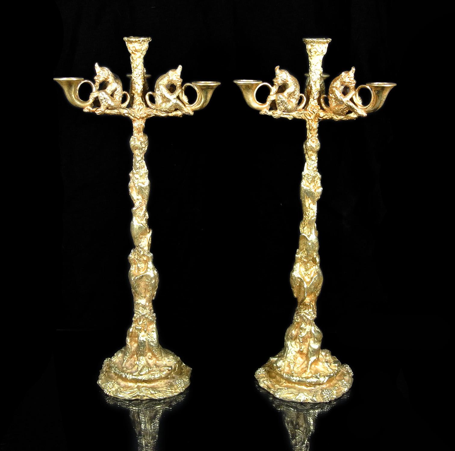 An exceptionally rare pair of large gilt bronze candelabra by Christophé Fratin and dating from c. 1850. In excellent original condition and with the wonderful detailing for which this sculptor is World renowned. The sconces formed from French horns
