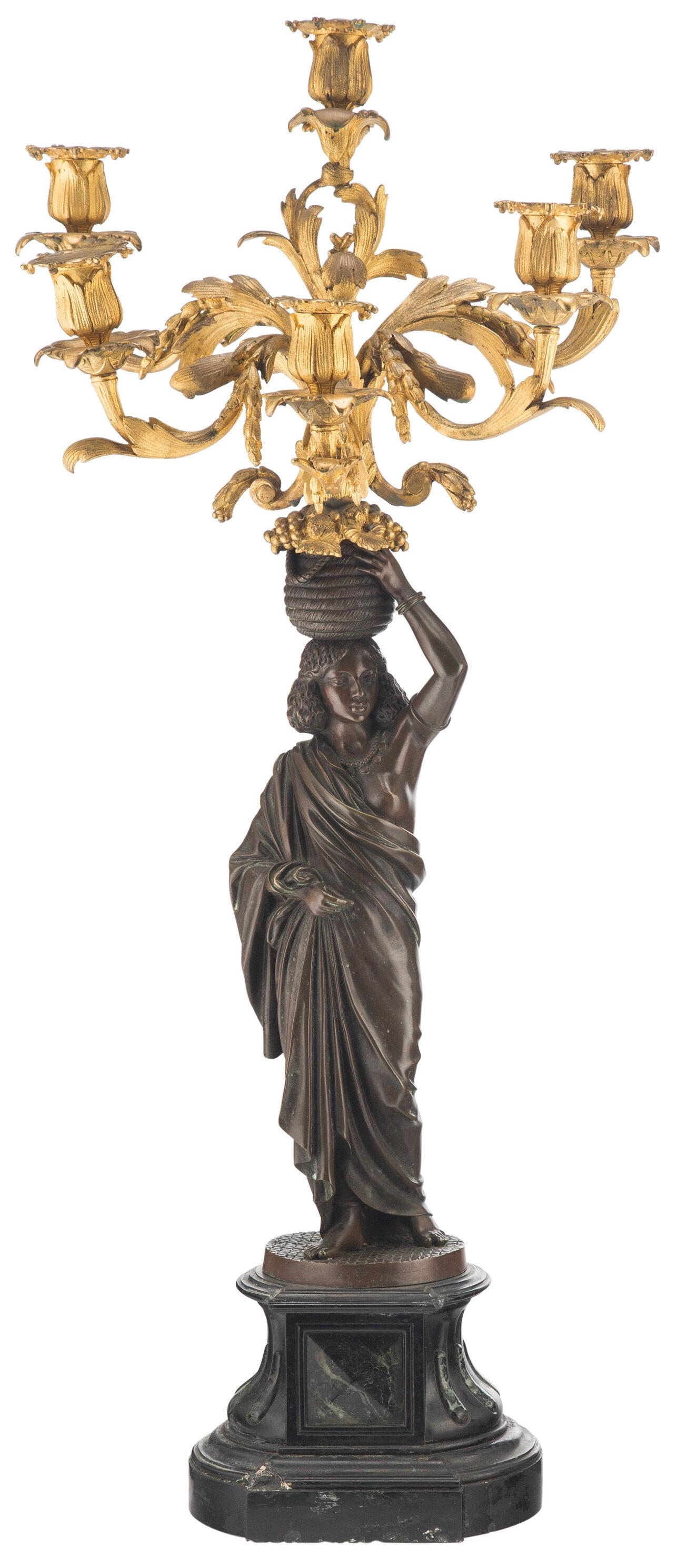 Pair of large and finest quality exotic orientalist motif French 19th century figural gilt and patinated bronze Candelabras on original marble bases.
