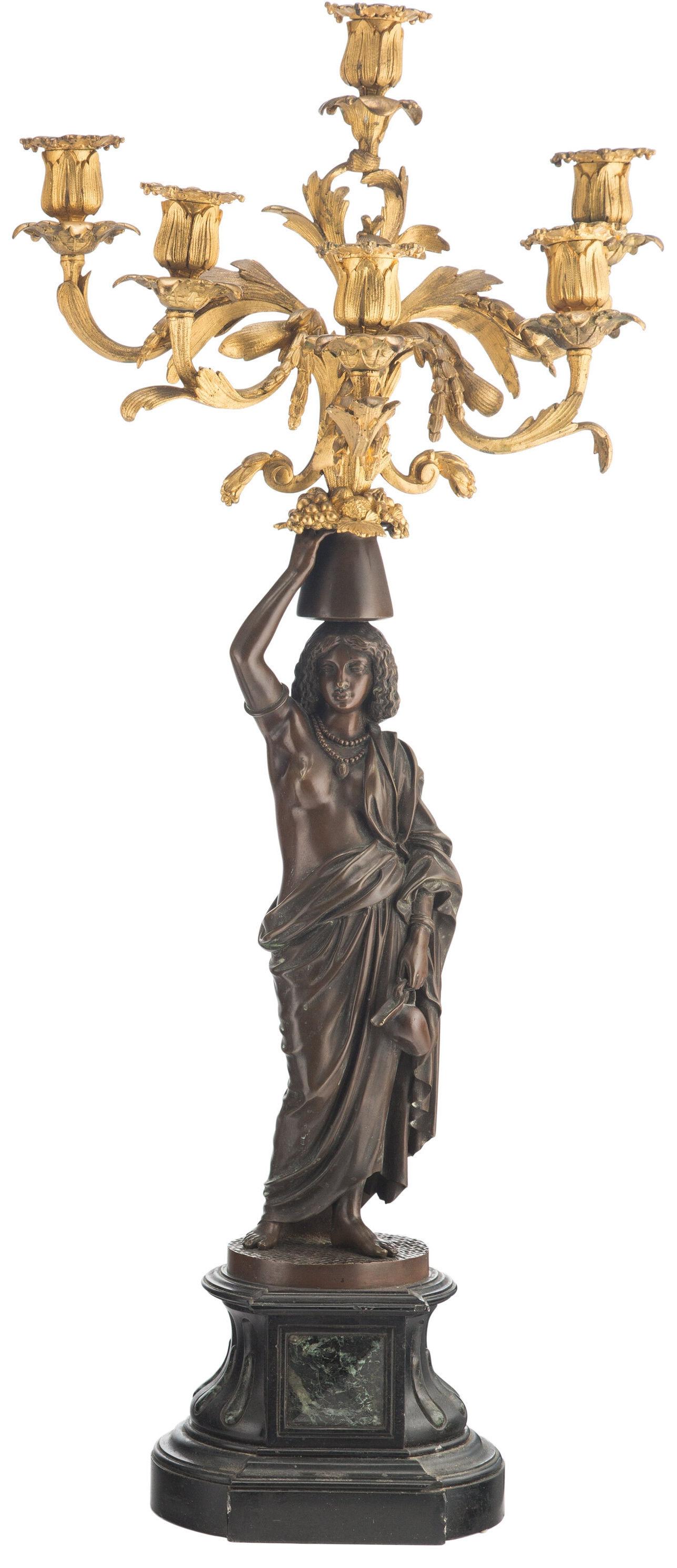 Neoclassical Pair Exotic French 19th Century Figural Gilt and Patinated Bronze Candelabras For Sale