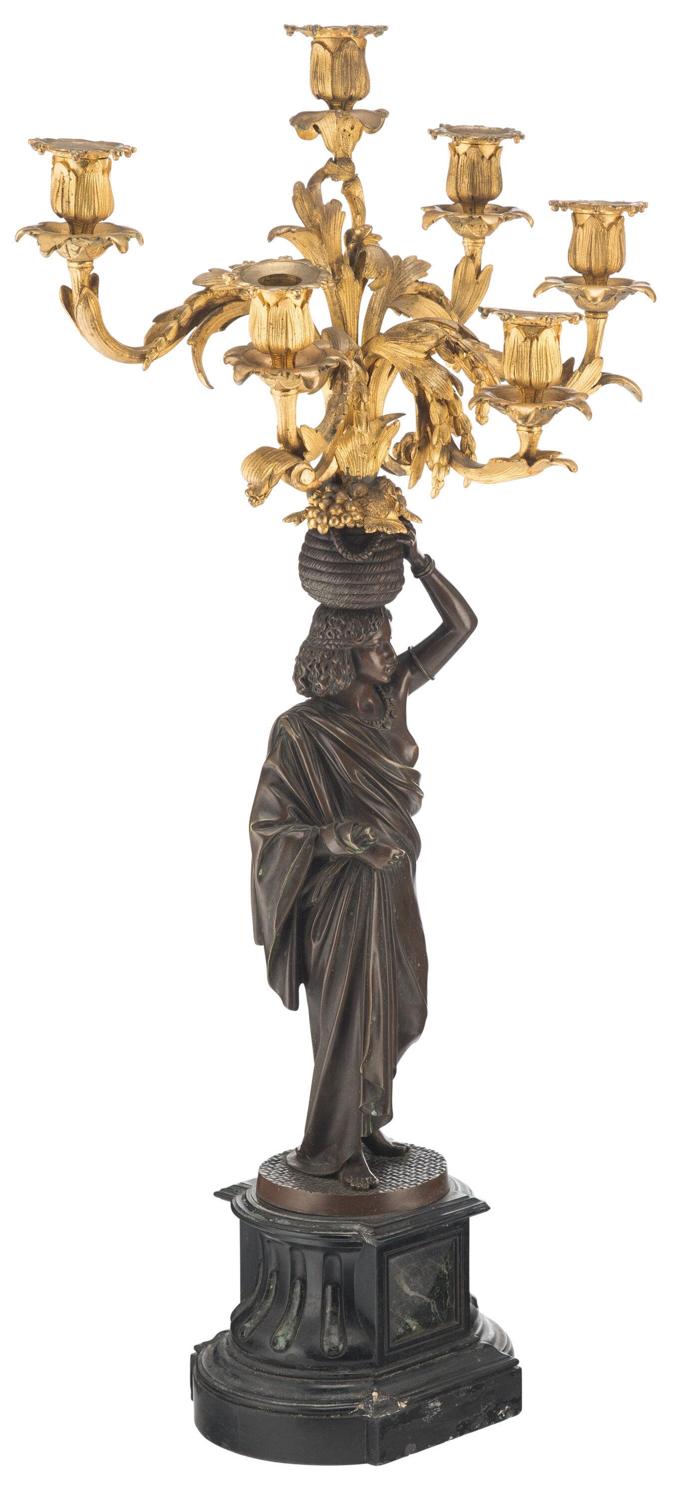 Pair Exotic French 19th Century Figural Gilt and Patinated Bronze Candelabras For Sale 2