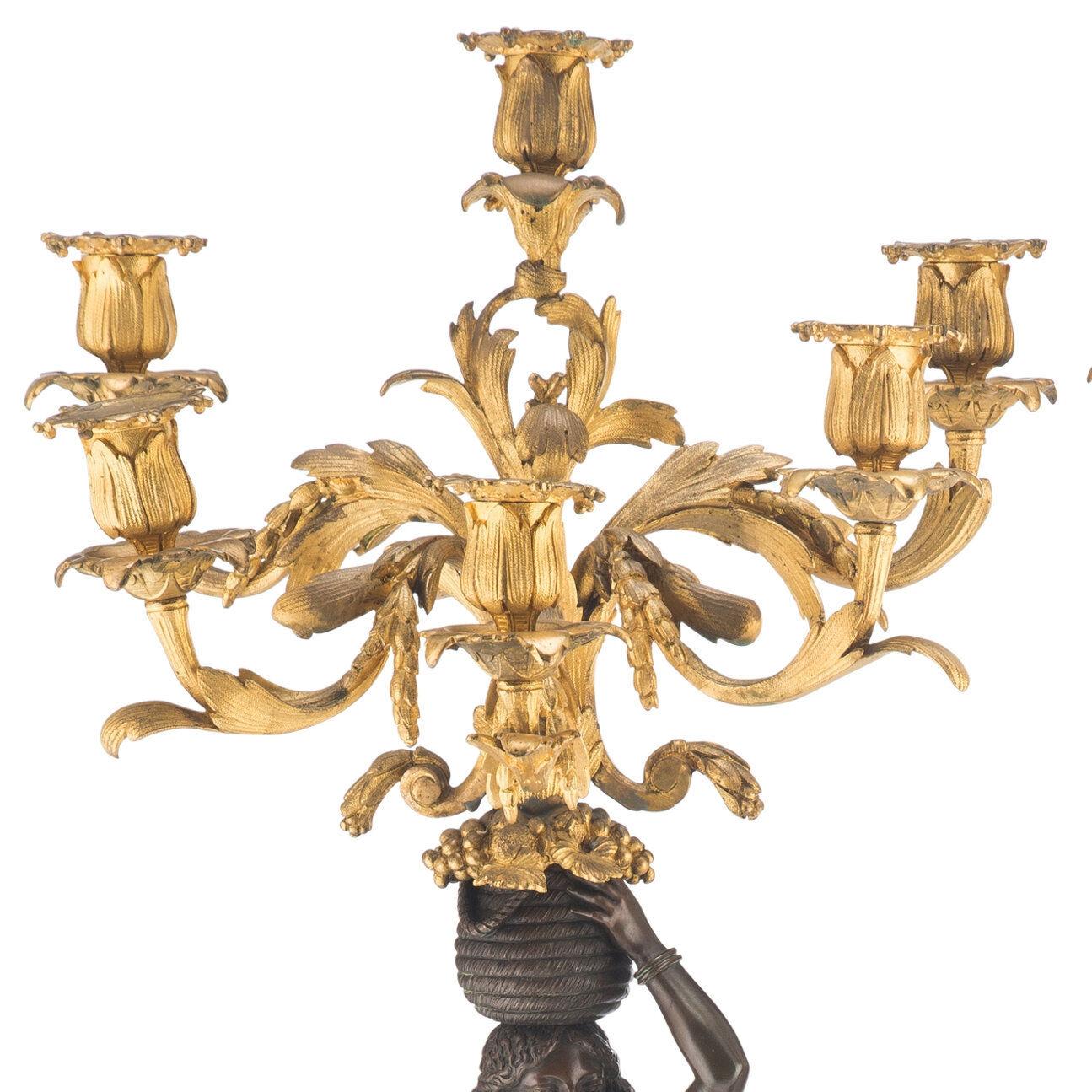 Paar exotische französische figurale Kandelaber aus vergoldeter und patinierter Bronze des 19. Jahrhunderts im Angebot 3