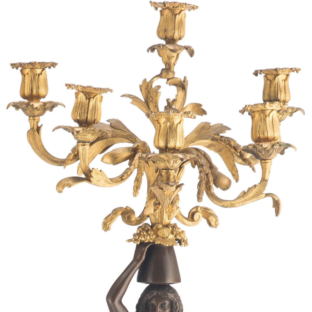 Pair Exotic French 19th Century Figural Gilt and Patinated Bronze Candelabras For Sale 5