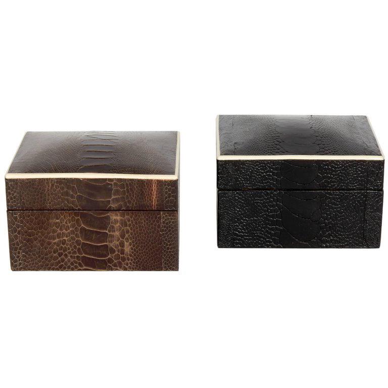 Pair of Exotic Ostrich Leather Decorative Boxes with Bone Inlay ‘Black/Espresso’ 1