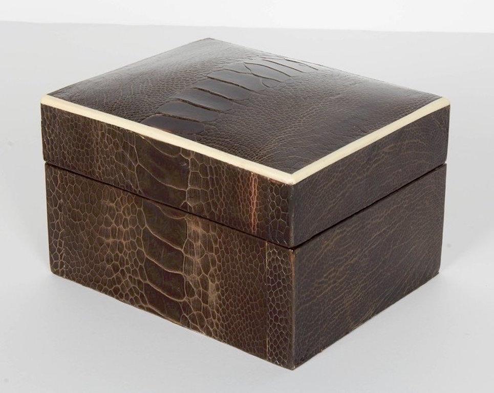 Contemporary Pair Exotic Ostrich Leather Decorative Boxes with Bone Inlay in Black & Brown 