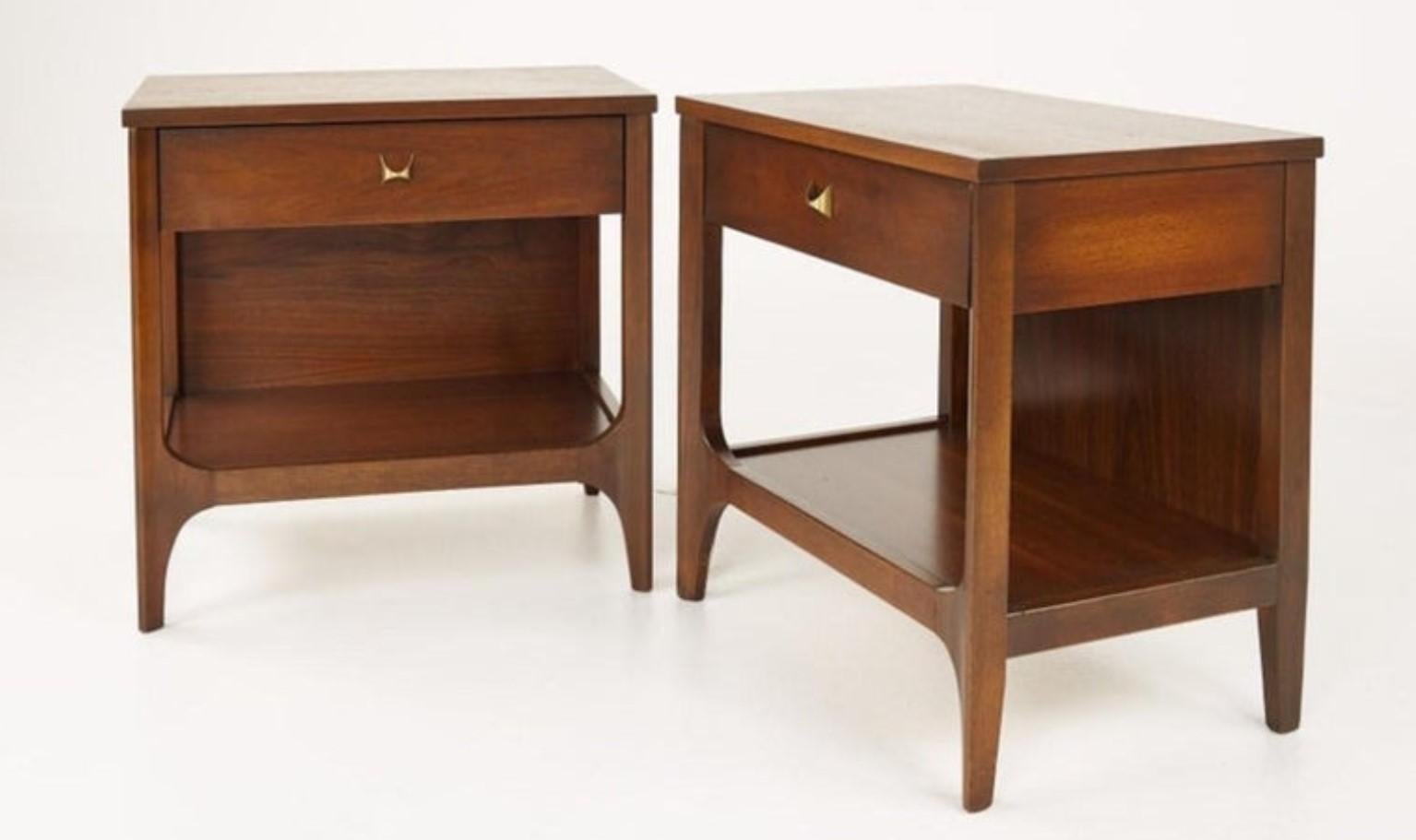 Mid-Century Modern Pair Expertly Restored Broyhill Brasilia Walnut & Brass Nightstands End Tables