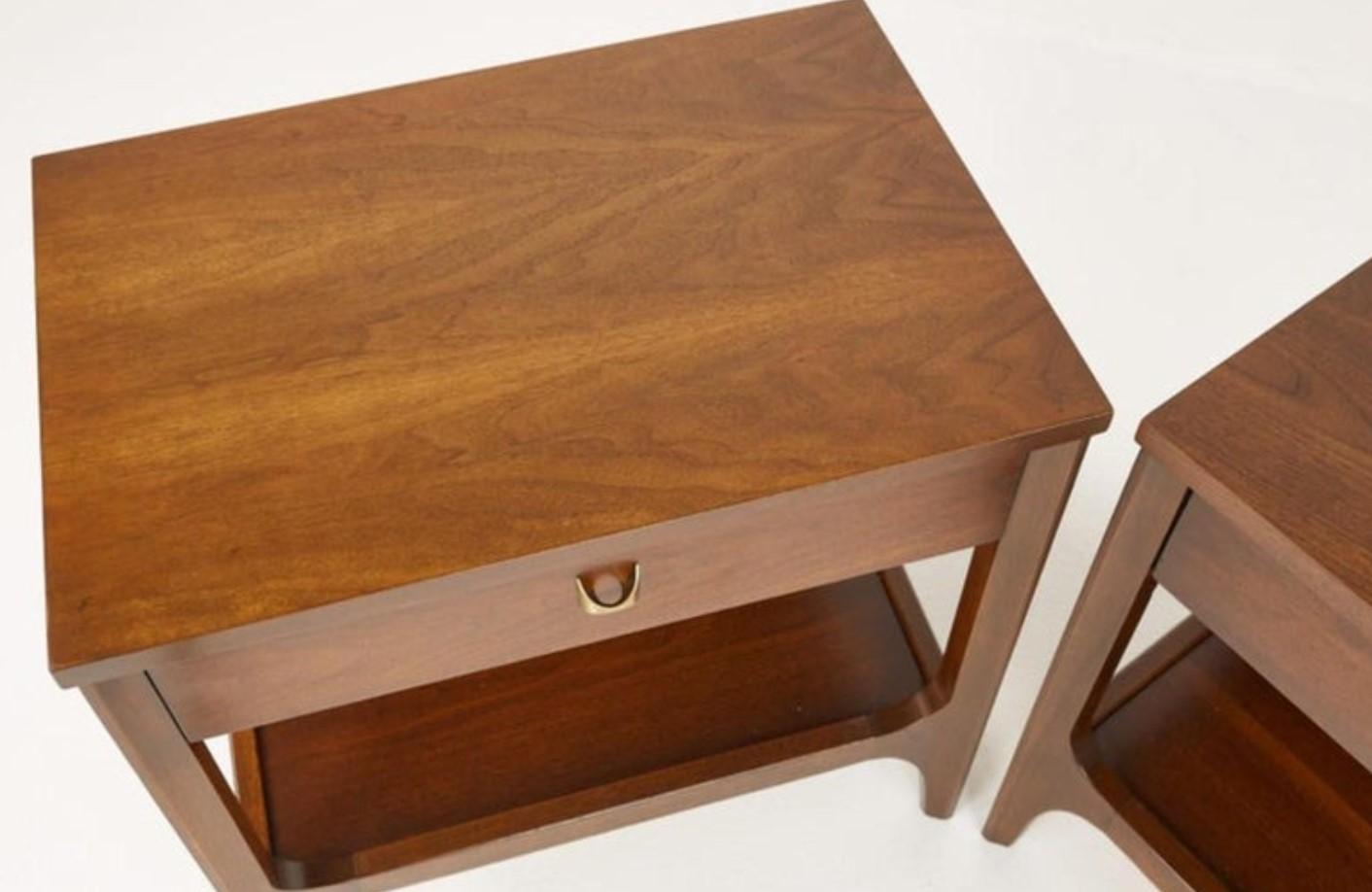 American Pair Expertly Restored Broyhill Brasilia Walnut & Brass Nightstands End Tables
