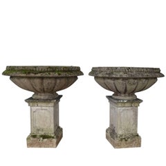 Pair of Extra Large Stone Garden Urns on Plinths, England, 1920s