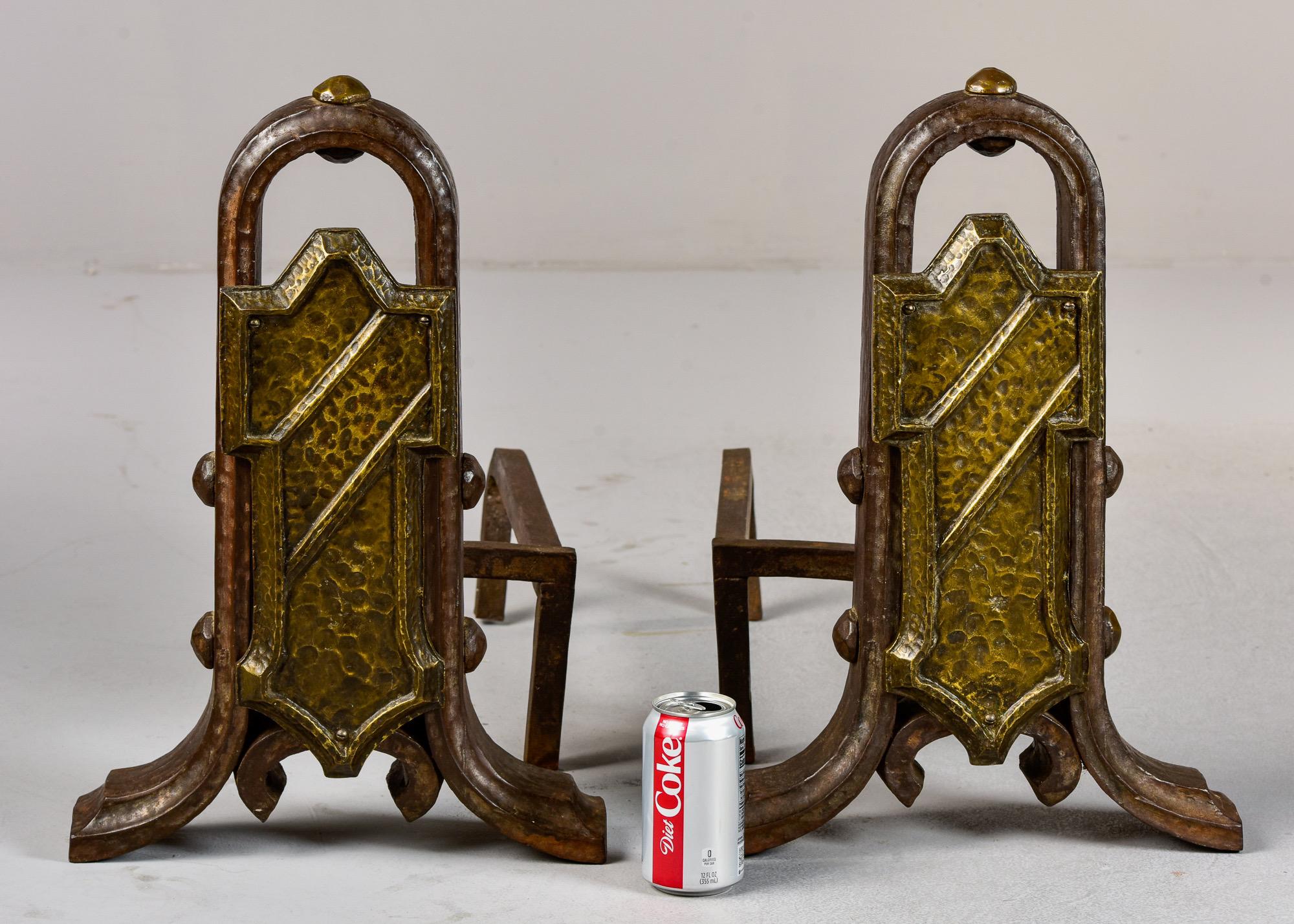 Arts and Crafts Pair Extra Large Arts & Crafts Hammered Iron and Brass Andirons For Sale